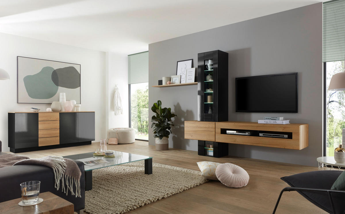 WOHNWAND schwarz Hochglanz, Grandson Eiche, mit Anbauwand 210 cm - Schwarz Hochglanz/Eichefarben, Glas/Holzwerkstoff (325/200/48cm) - Furn.Design