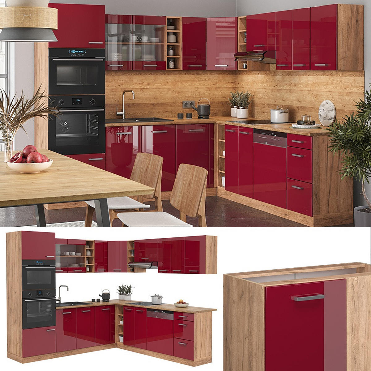 HÖRNKÖK R-Line, Röd högblank/Goldkraft ek, 247 x 237 cm, AP Antracit - Röd/Honungsek, Träbaserade material (247/206.8/60cm) - Vicco