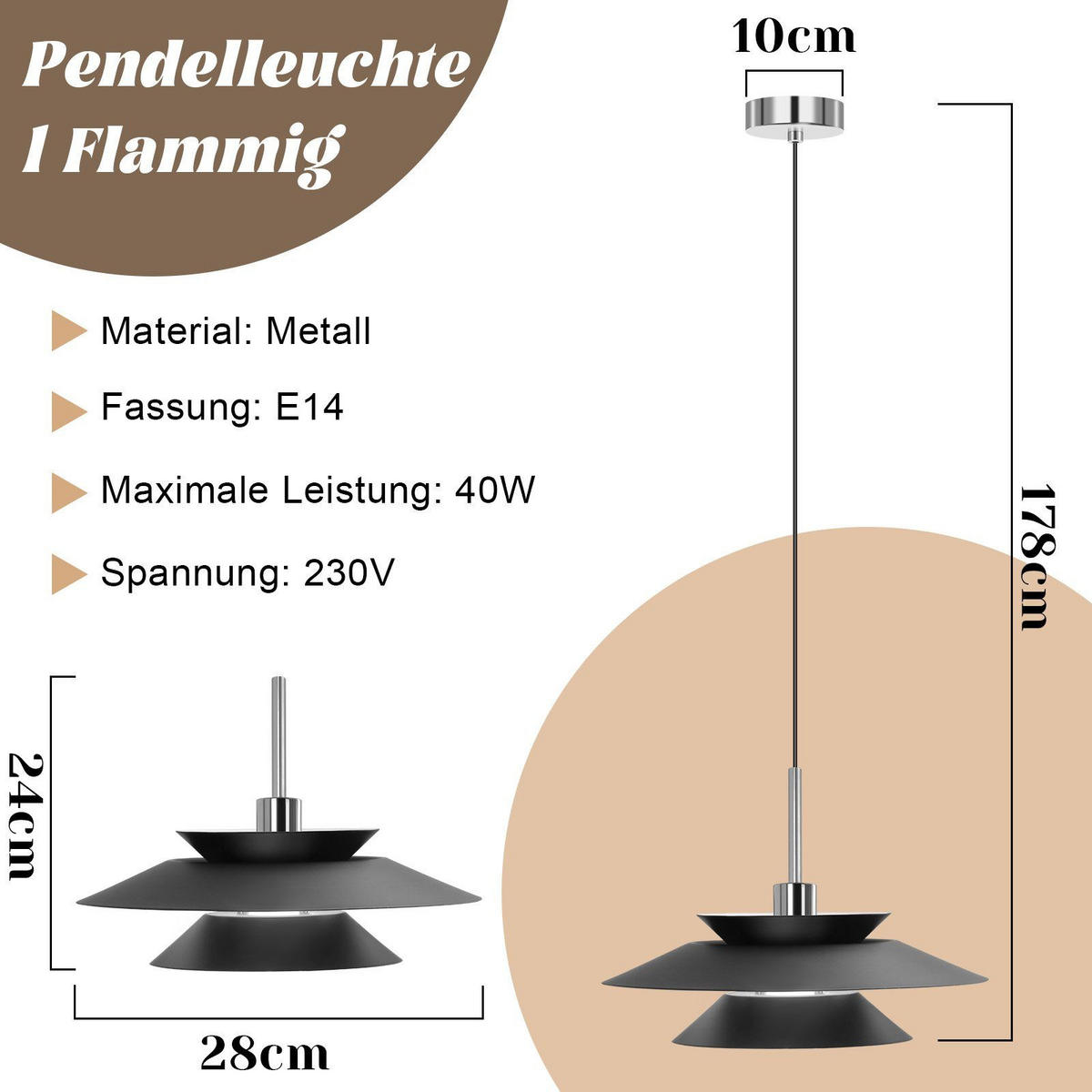 PENDELLEUCHTE Innovation 28/28/178 cm - Schwarz, Metall (28/28/178cm) - Nettlife