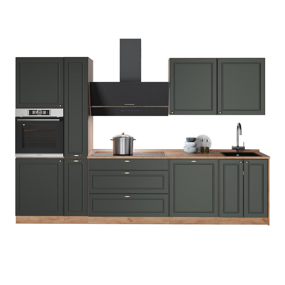 KÜCHENZEILE Fame-Line, Grün-Gold Landhaus/Goldkraft Eiche, 310 cm, AP Anthrazit - Honigeiche/Grün, Holzwerkstoff (310/206.8/60cm) - Vicco