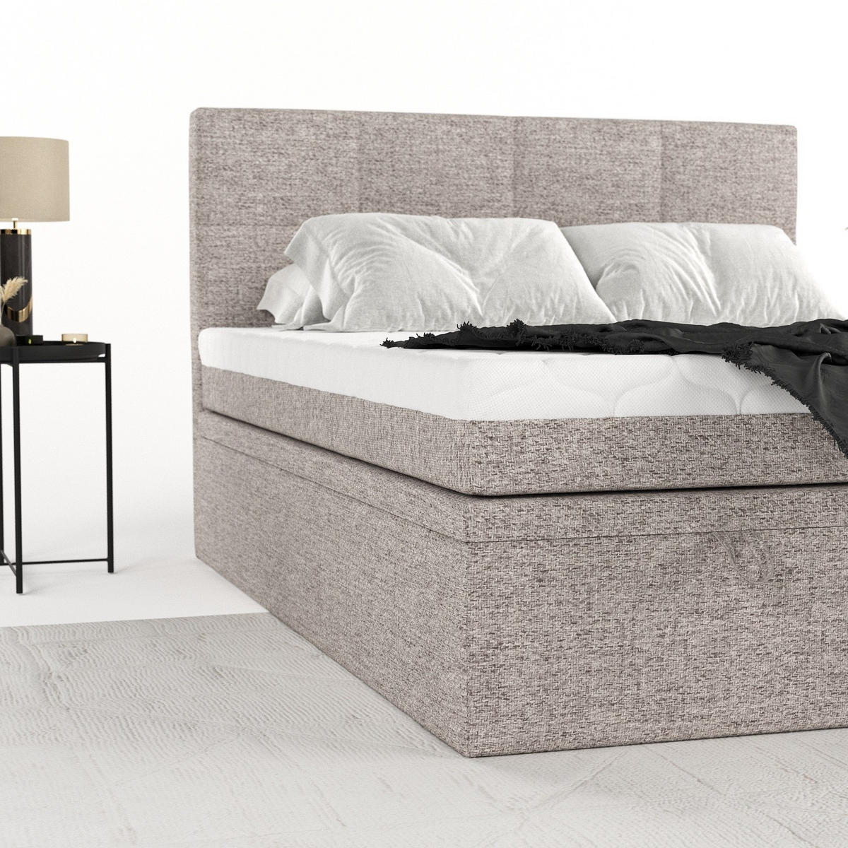 BOXBETT Tessa 140/200 cm Beige im Neve Stoff - Beige/Schwarz, Holz/Holzwerkstoff (140/200cm) - AltaBeds
