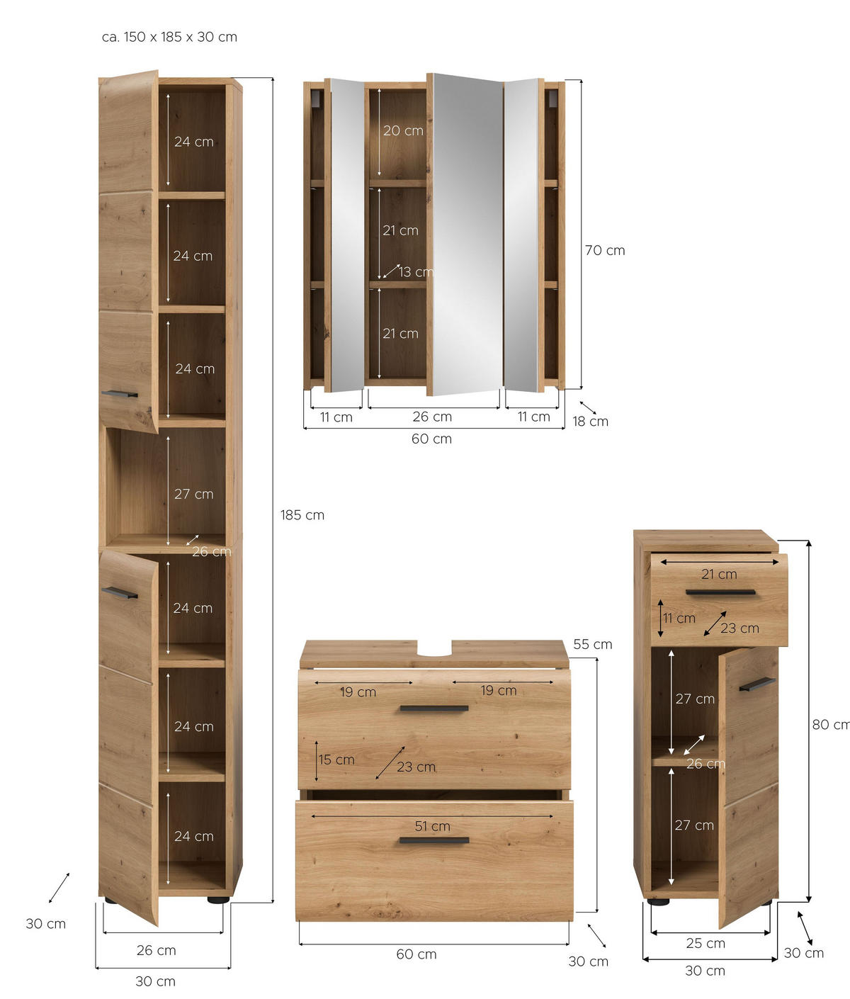 BAD-SET ICE 4-tlg. (B/H/T: ca. 150/185/30 cm) in Artisan Oak Nachbildung/Artisan Oak Nachbildung - Eiche Artisan, Holz (150/185/30cm)