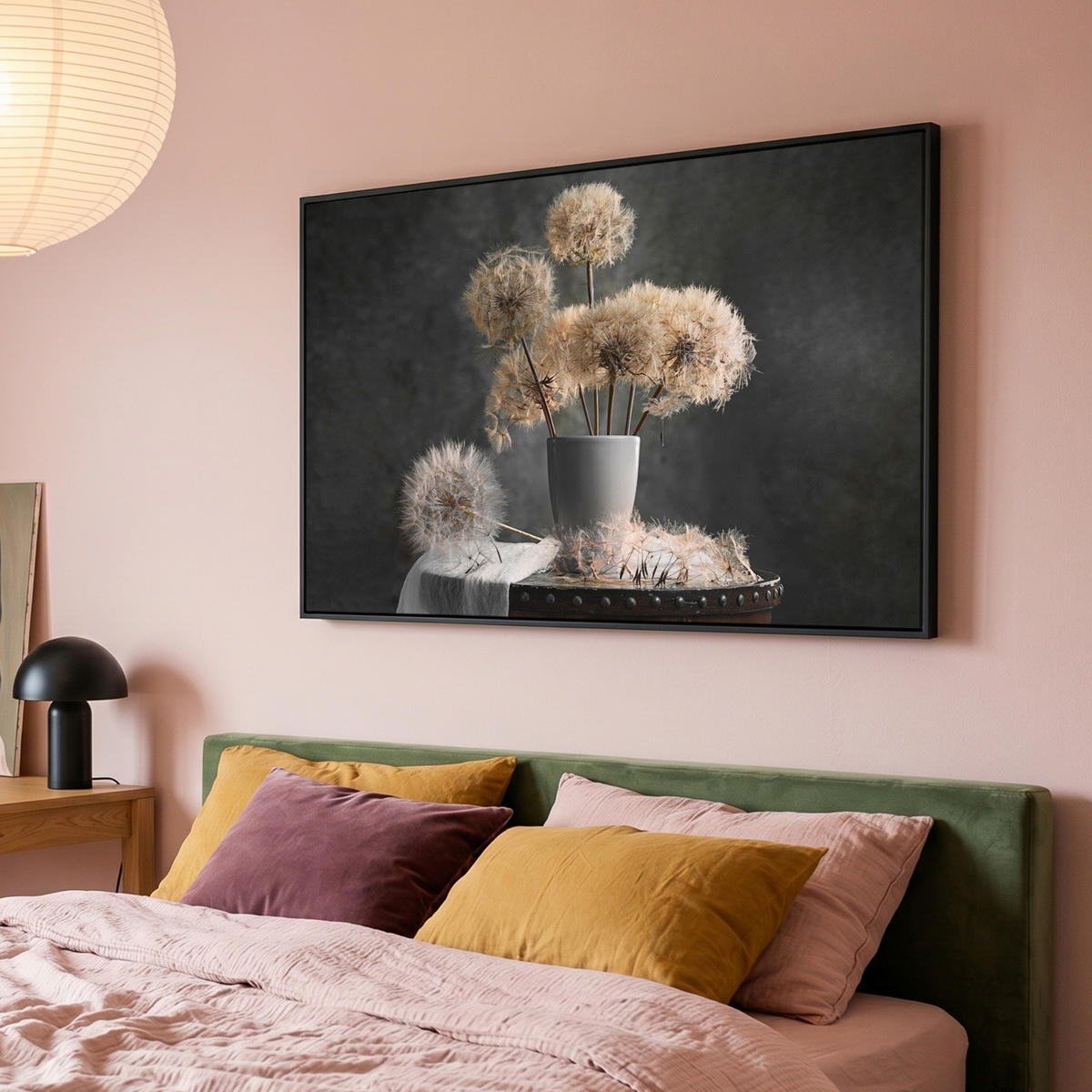 LEINWAND Bilder mit Rahmen - Blumensamen - Löwenzahn - Vase - Stilleben - Blumenstrauß - 150x100 - Dunkelgrau, Textil (150/100cm) - MuchoWow
