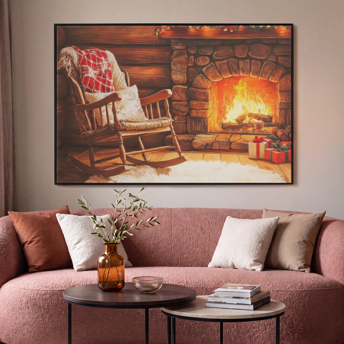 LEINWAND Bilder mit Rahmen - Winter - Weihnachten - Zuhause - Kamin - 120x80 - Bernsteinfarben, Textil (120/80cm) - MuchoWow