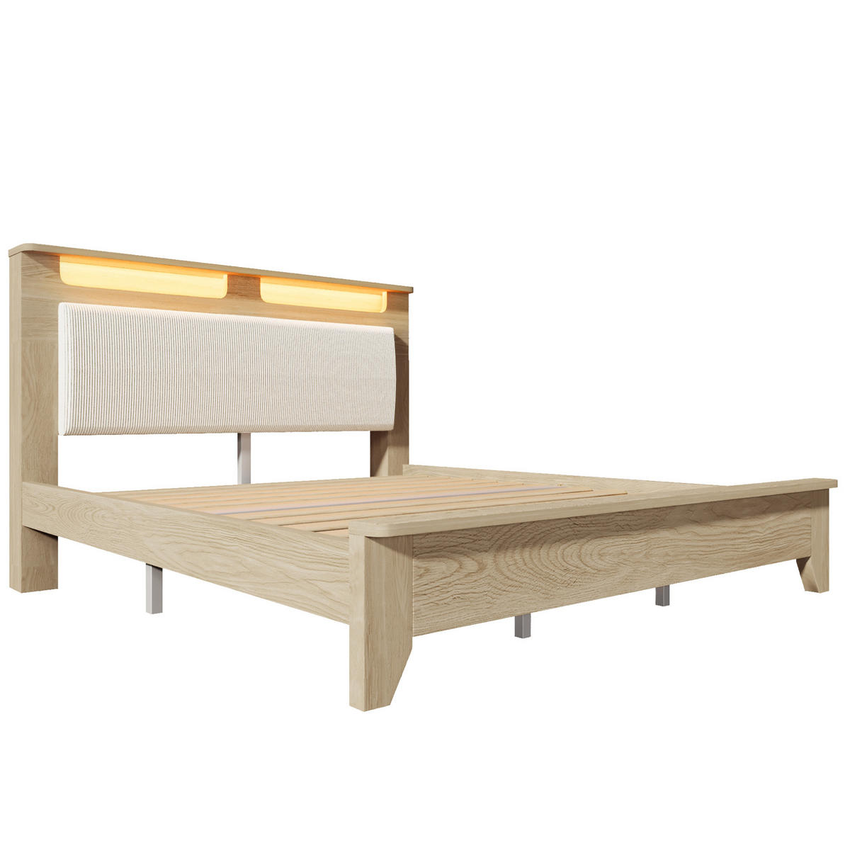 POSTELJA z okvirjem iz lesa in MDF 160x200 cm v barvi hrasta in bež s kordurojskim vzglavjem, LED osvetlitvijo in prostorom za shranjevanje - bež, tekstil (160/200cm) - Modfu