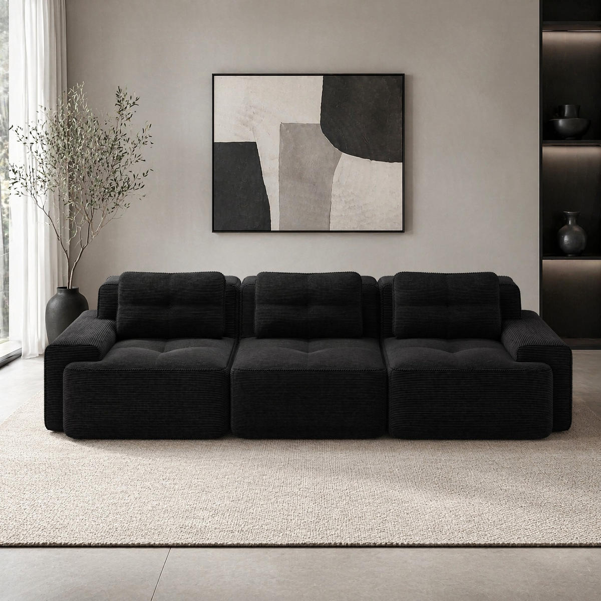 POHOVKA z manšestru v čiernej farbe s hĺbkou sedáka 74 cm - čierna, textil (104/69/293cm) - Flora Grace