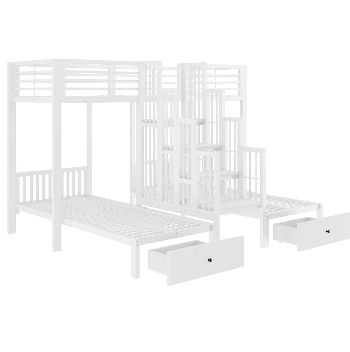 ETAGENBETT aus Metall und Holz 90x200 cm Weiß mit Treppe, Sicherheitsgeländern und 2 Schubladen - Weiß, Metall (90/200cm) - Modfu