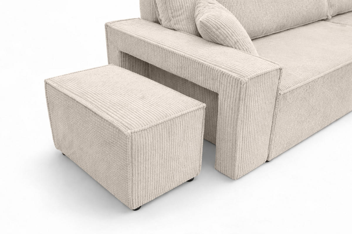 ECKSOFA Mit Schlaffunktion Und Pouf, Cordstoff Poso, Beige, Rechts, Best L Mit Pouf - Creme, Holz (244/145cm) - Kaiser Möbel