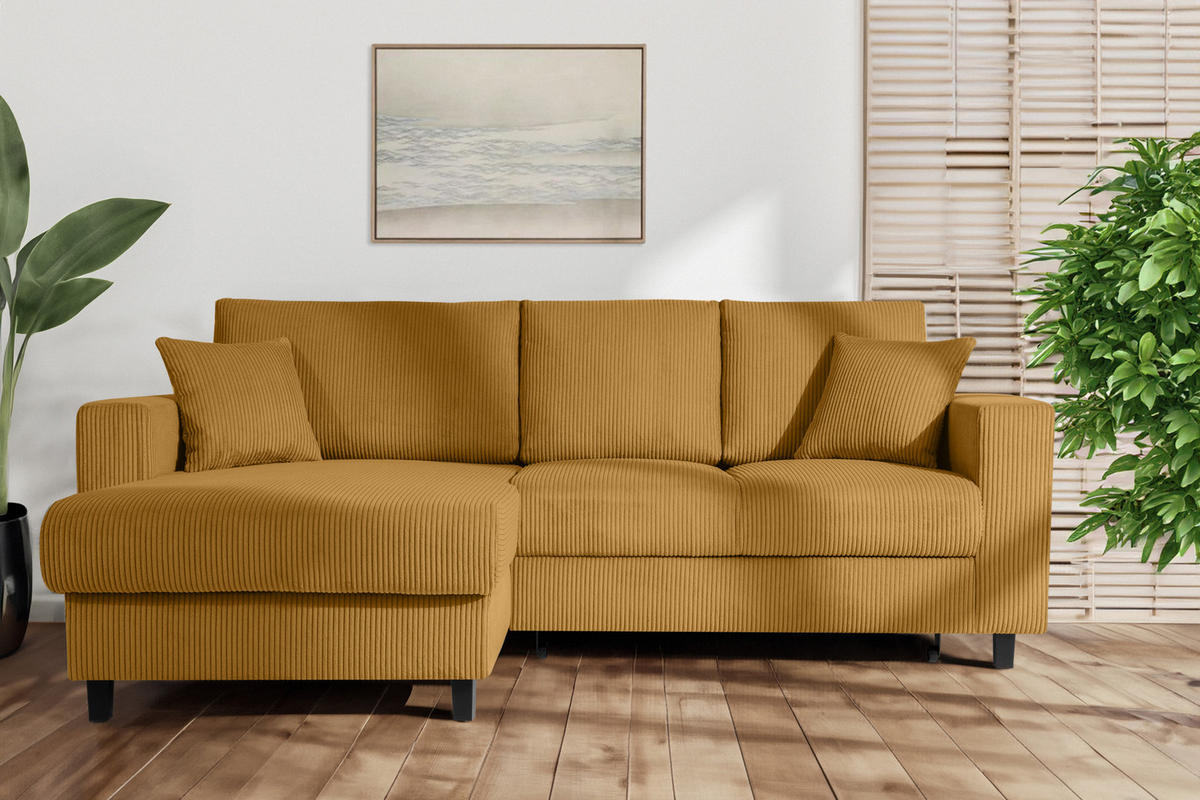 ECKSCHLAFSOFA EGRET Links mit Bettkasten, Cord-Stoff, gelb - Gelb, Textil (234/90cm) - KONSIMO®