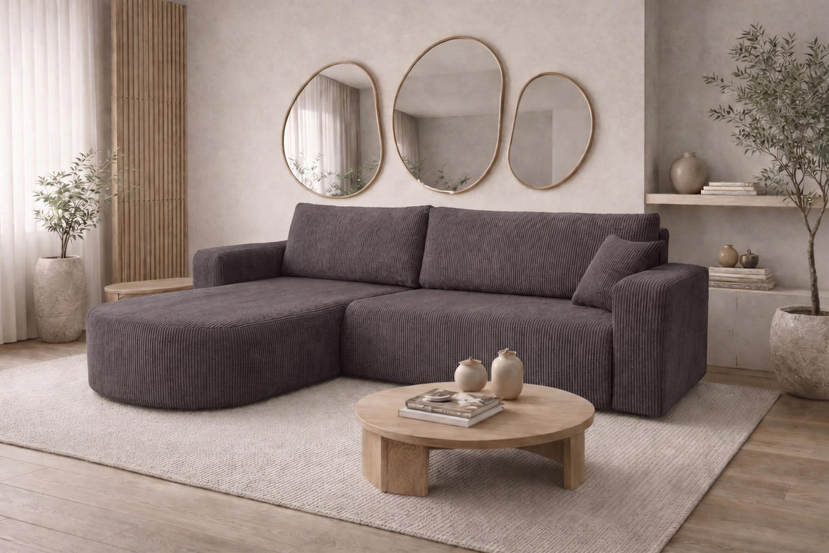 ECKSOFA Mit Schlaffunktion, Cordstoff Poso, Dunkelgrau, Links, ROUND ONE XL - Dunkelgrau, Holz (271/175cm) - Kaiser Möbel