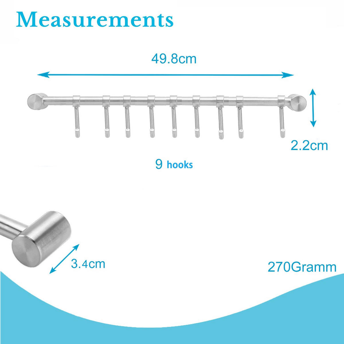KÜCHEN HÄNGELEISTE mit 9 Haken - Silberfarben, Metall (3.4/2.2/49.8cm) - Intirilife