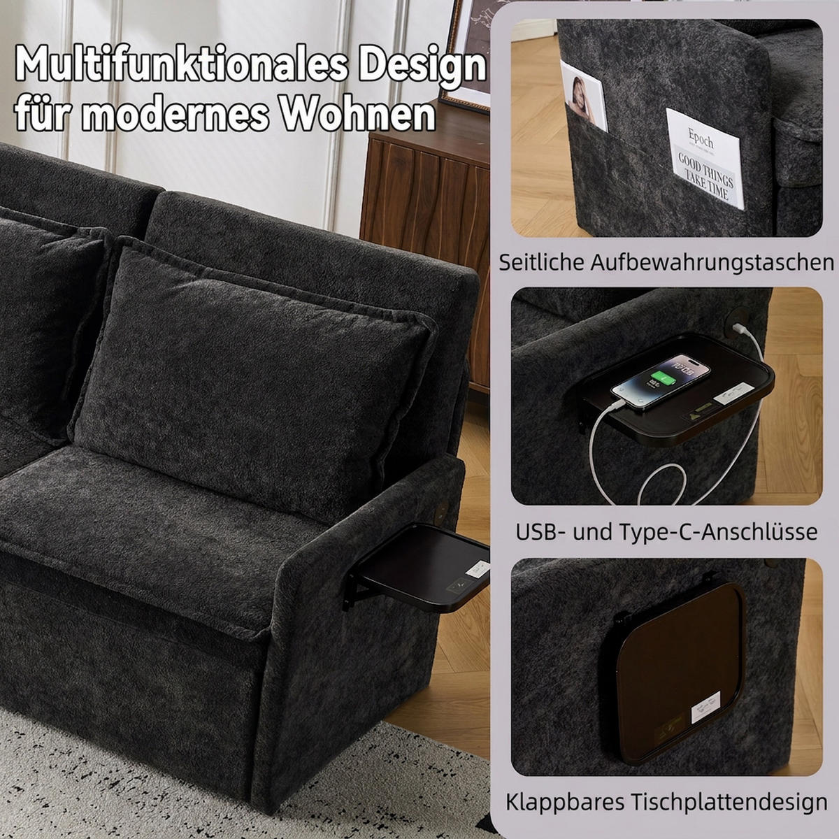 SCHLAFSOFA 172.5/71/95 cm Schwarz mit USB-Anschluss, 5-fach verstellbarer Rückenlehne und Stauraum - Schwarz, Textil (71/95/172.5cm) - Oxeza