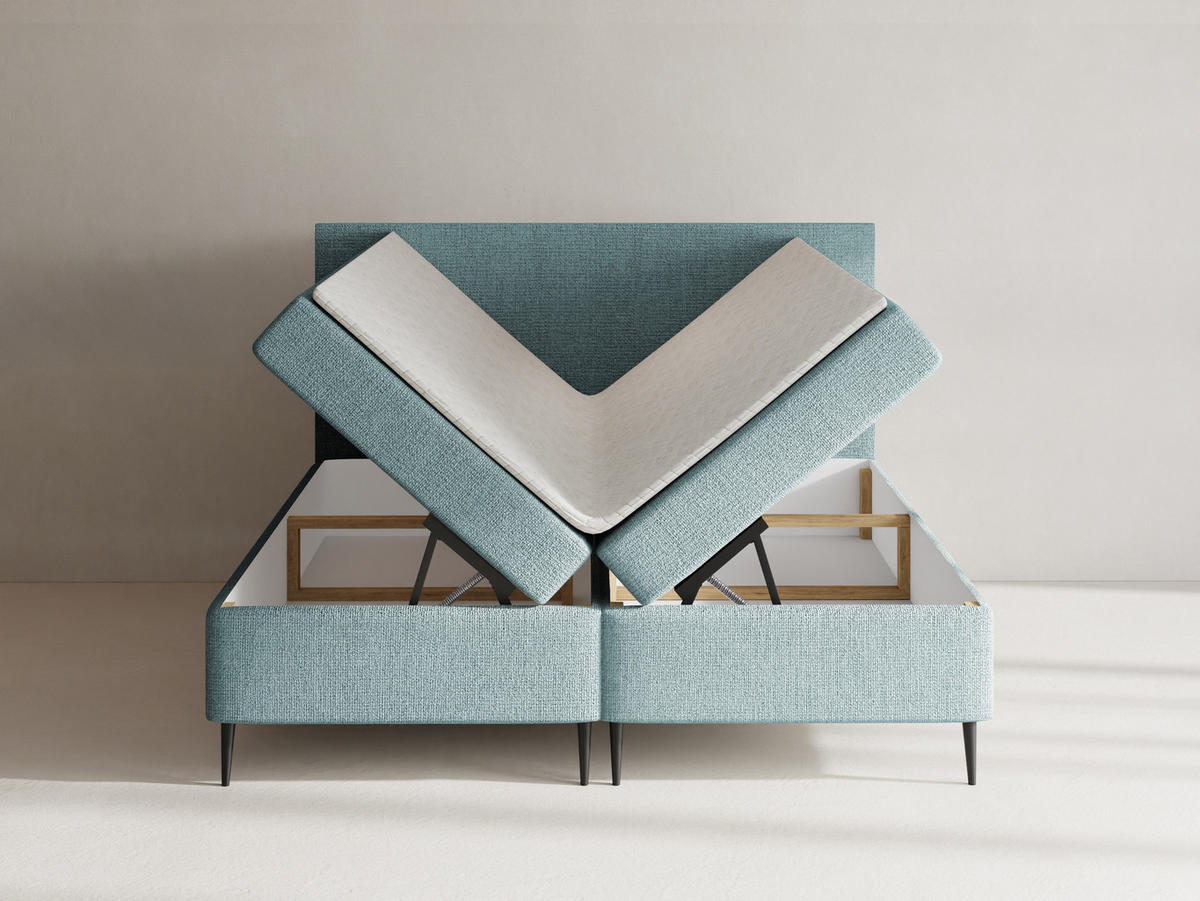 BOXBETT Alba Rise mit Bettkasten, Türkis Chenille 140x200 cm – inkl. H4 Taschenfederkern Matratze & Foam Topper - Türkis/Blau, Holz/Textil (140/200cm) - WFL GROUP