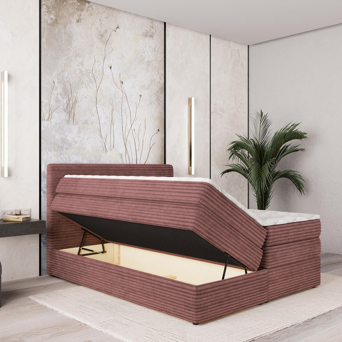 BOXSPRINGBETT LUNERA 160x200 cm mit Matratze und Topper - Rosa - Rosa, Holz (160/200cm) - MASSENO