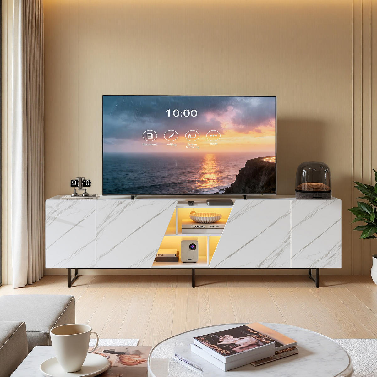 TV-SCHRANK Marmoroptik mit LED-Licht & schrägen Türen - Weiß, Holzwerkstoff (34.5/67.7/220cm) - SHOPENTRA