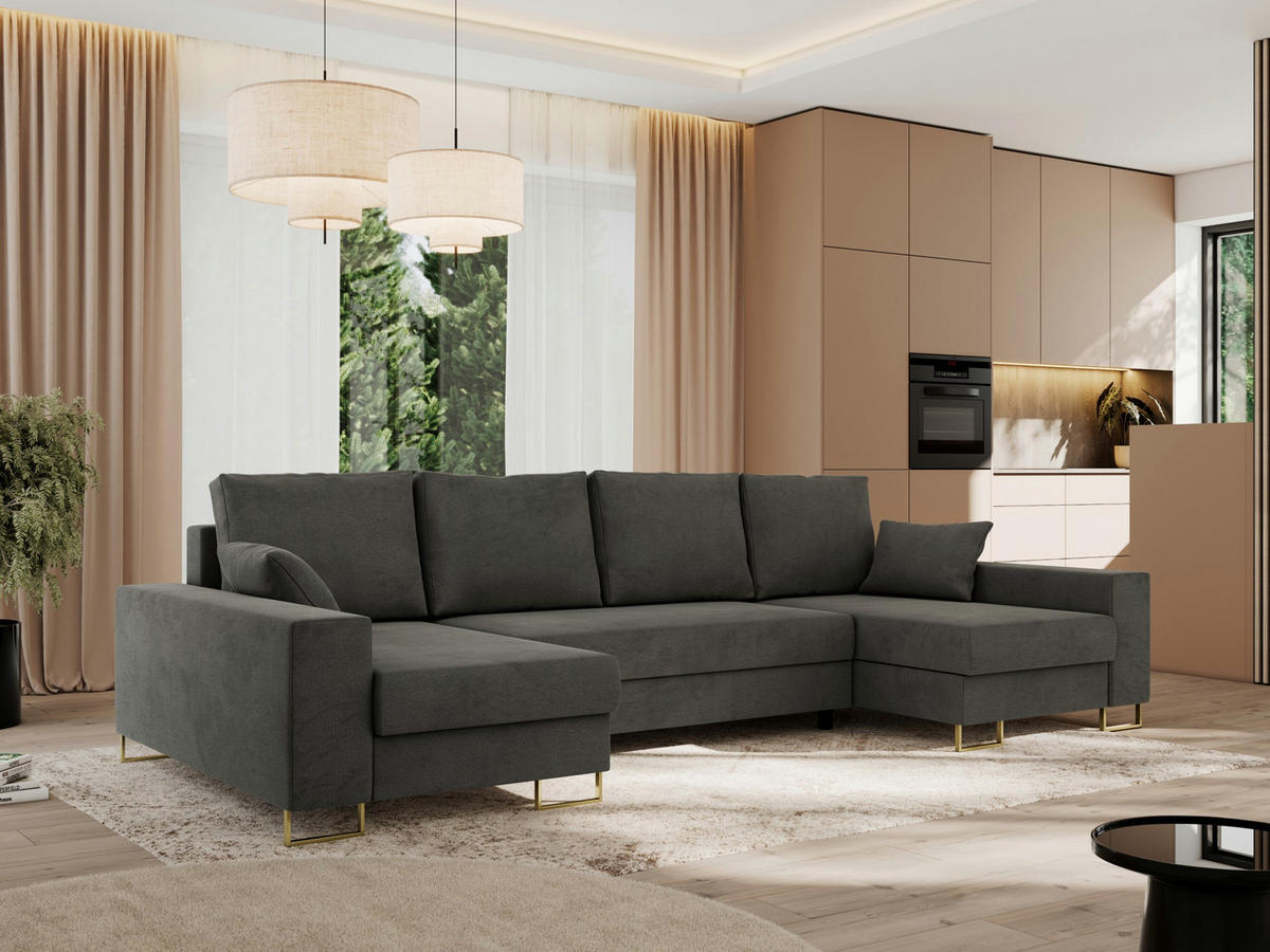 WOHNLANDSCHAFT DORIAN U Velvet Dunkelgrau - Dunkelgrau/Goldfarben, Textil/Metall (312/95/138cm) - MKS