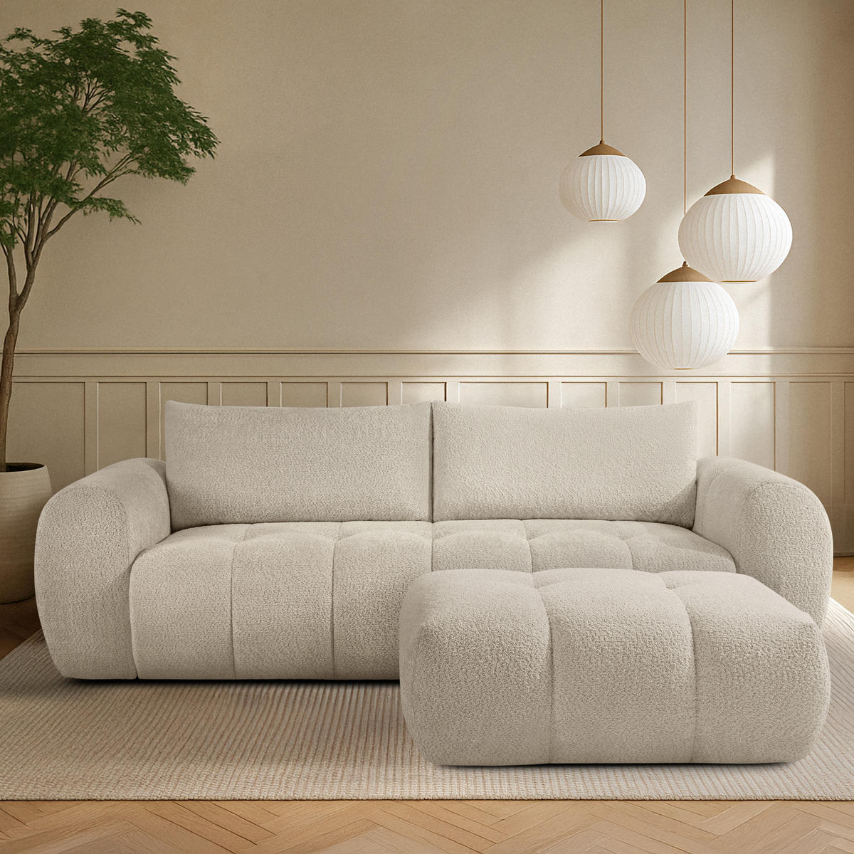 SOFA LIRA mit Pouf, Weiß, Bouclé - Weiß, Holz/Holzwerkstoff (96/43/50cm) - KONSIMO®