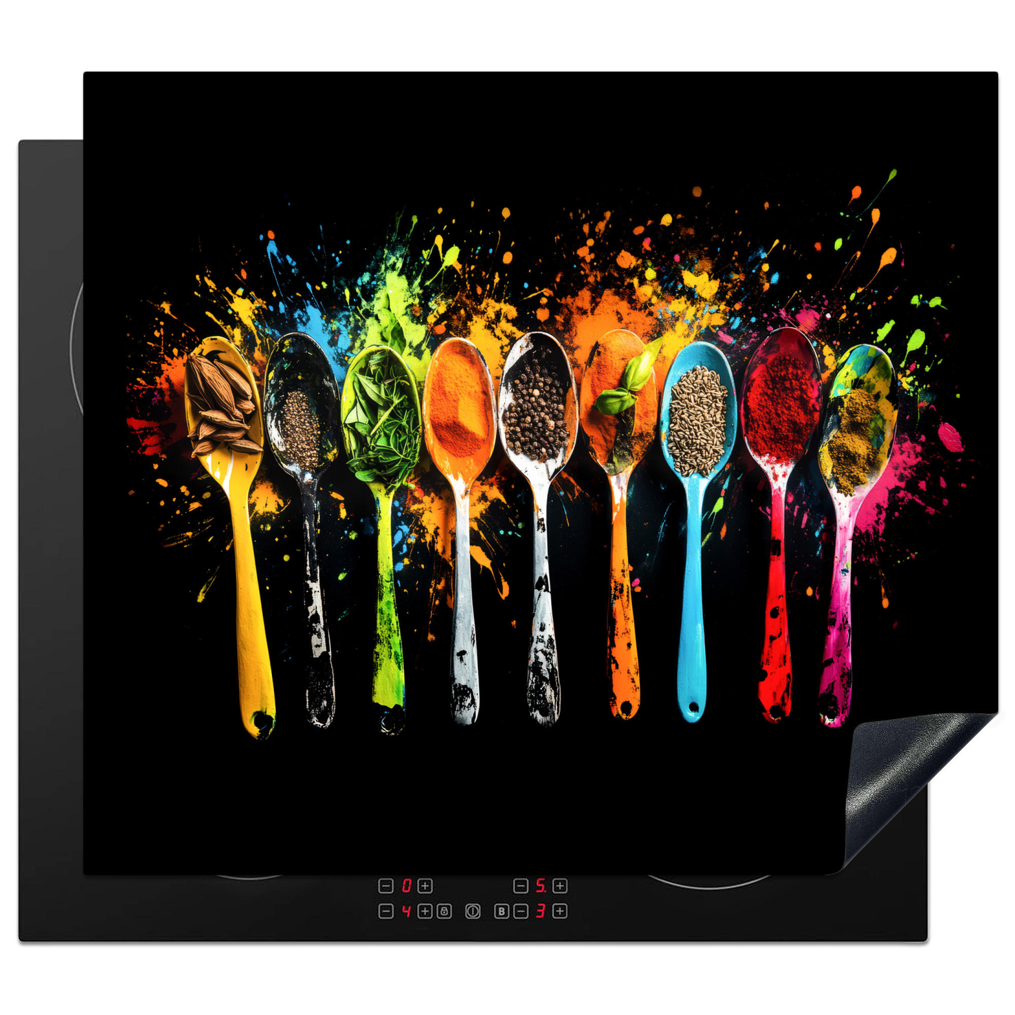MuchoWow KRYT NA INDUKČNÍ DESKU Lžičky - koření - moderní - graffiti - barva - barevné 59x51 cm