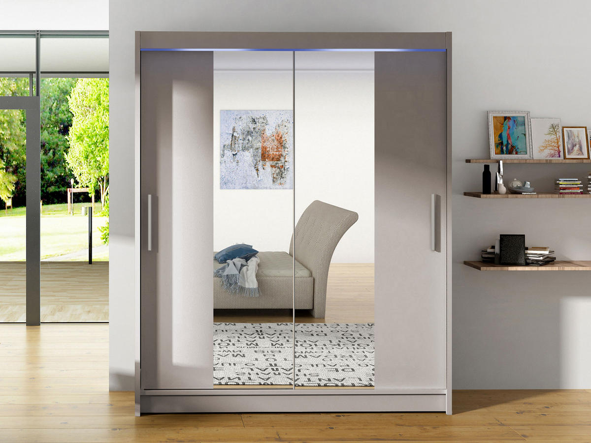 SCHWEBETÜRENSCHRANK Westa II, mit RGB LED Beleuchtung - Kaschmir/Silberfarben, Holzwerkstoff/Metall (150/200/58cm) - MIRJAN24