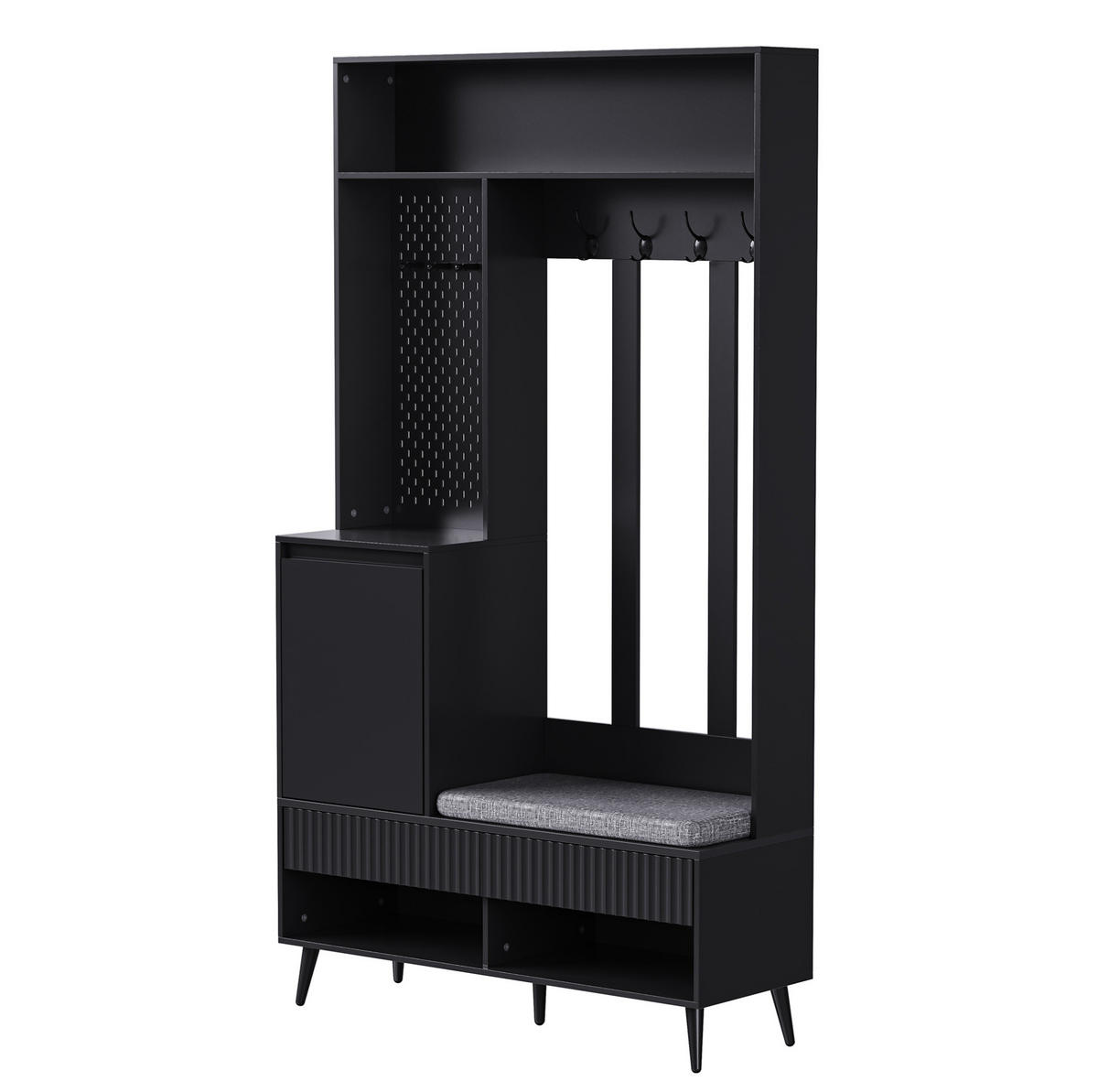 GARDEROBENSET 100/35/180 cm mit Sitzbank, 2 Schubladen, Schrank und 4 Haken aus MDF, Schwarz - Schwarz, Holzwerkstoff (100/180/35cm) - Redom