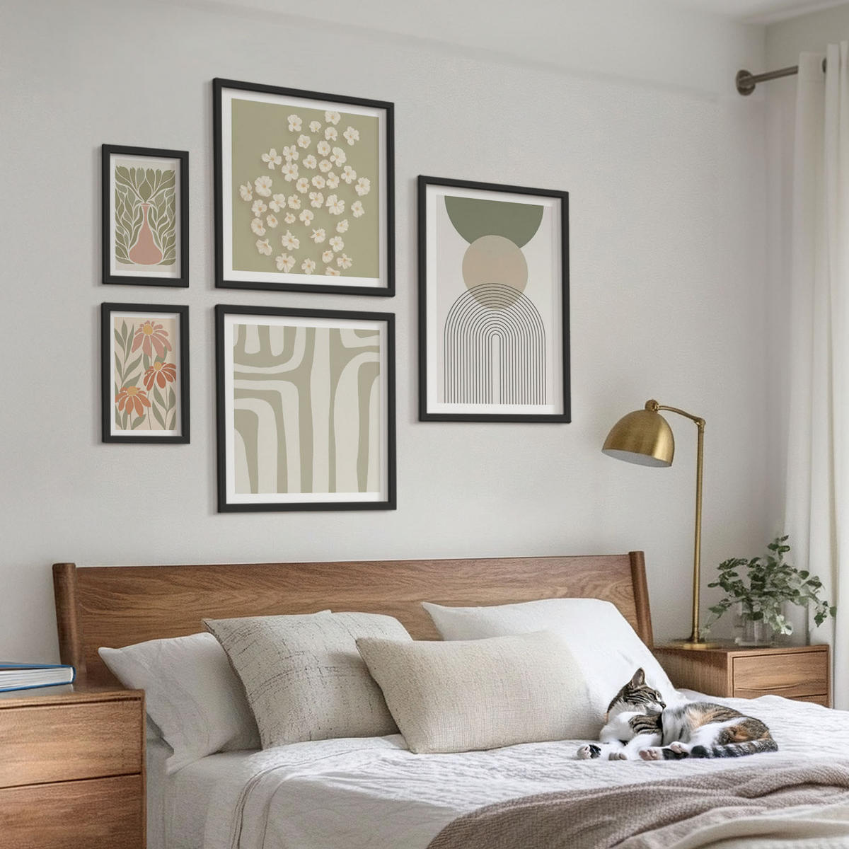 BILDER SET 5er Set - 50x50 cm & 20x30 cm & 40x60 cm Schwarzer Rahmen - Floraler minimalistischer Boho-Stil - Schwarz, Kunststoff (40/60cm) - TULUP