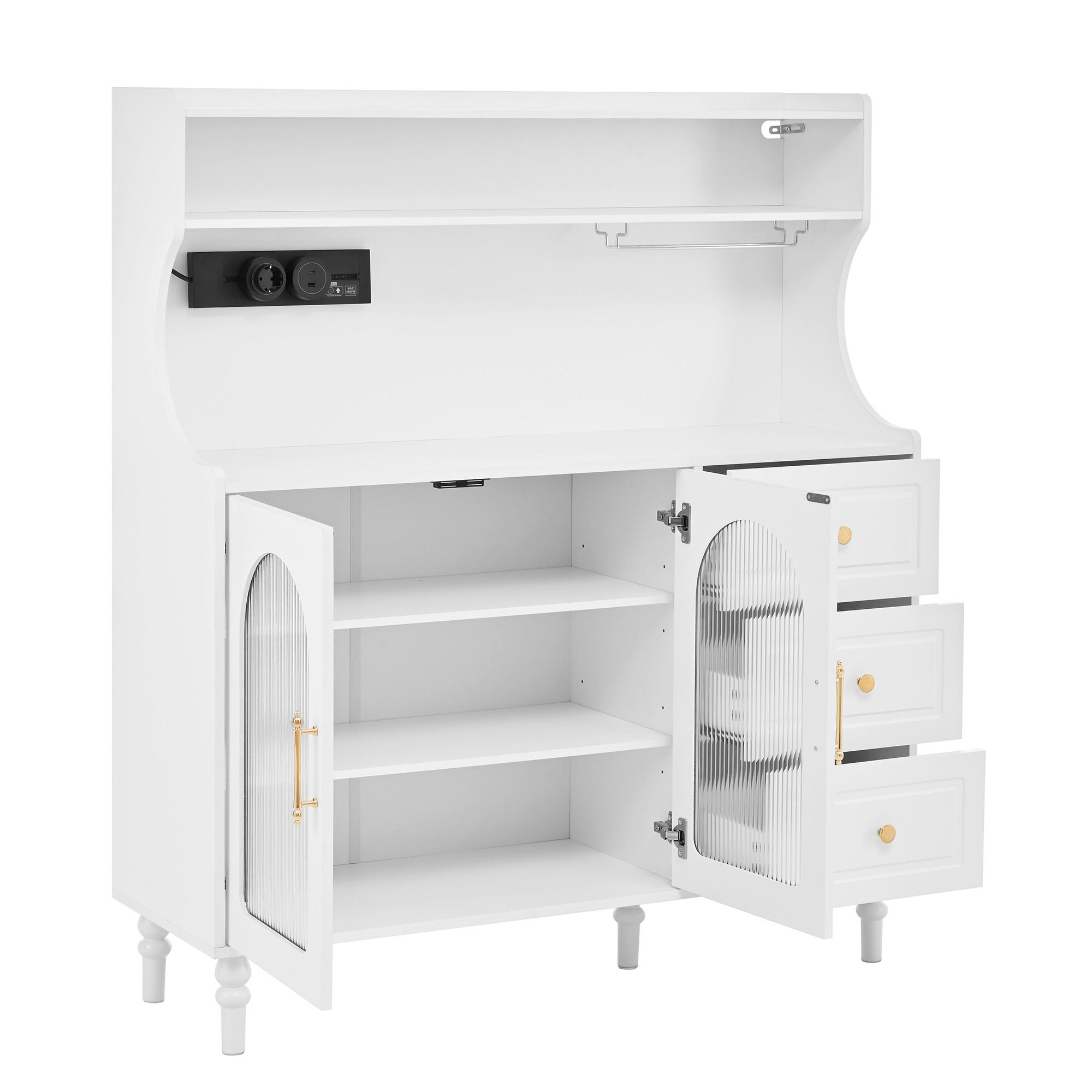 BUFFET 120x40x138.5 cm Weiß mit Fluted Glas & Ladestation - Weiß, Holzwerkstoff (40/138.5/120cm) - Modfu