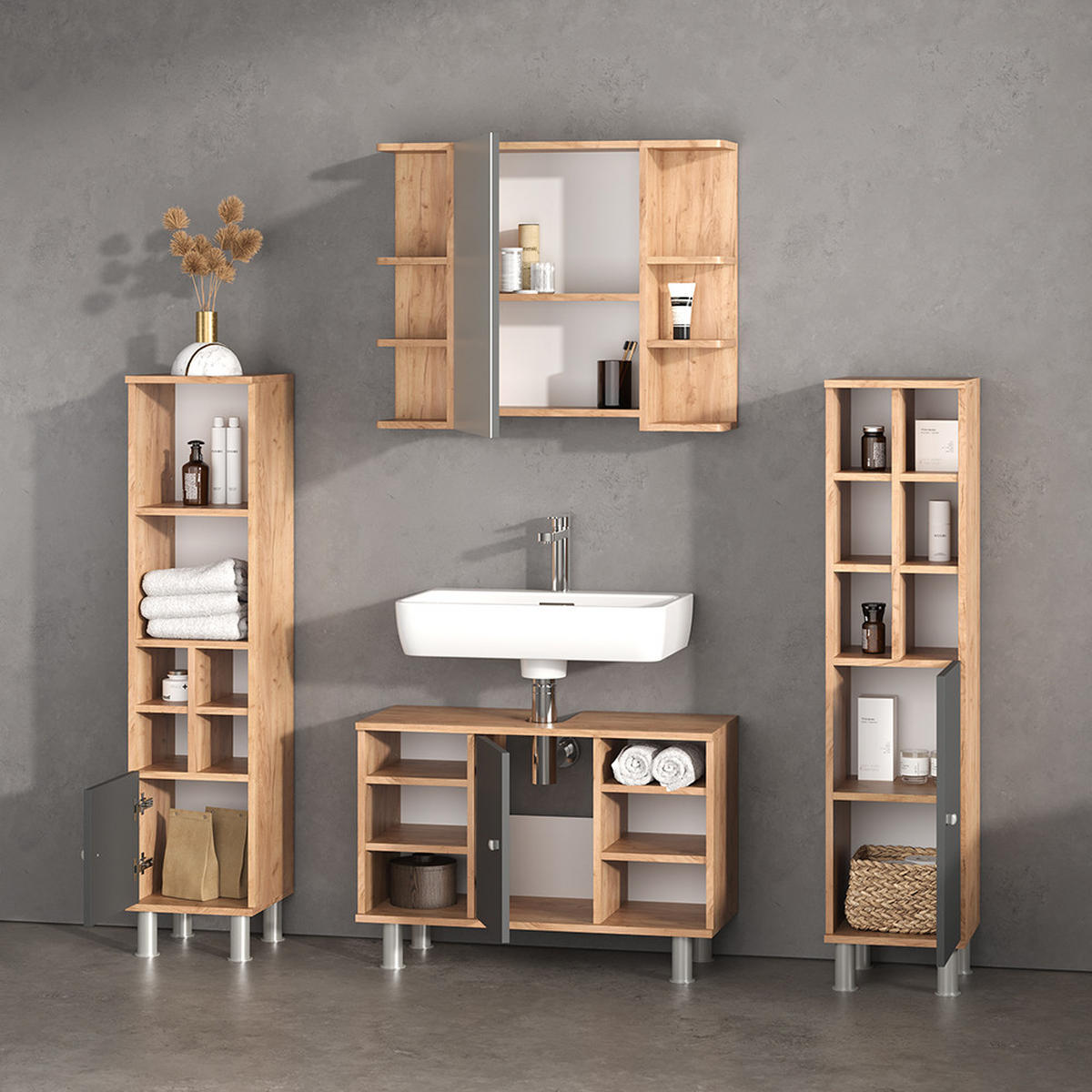 BADMÖBEL-SET Fucino Goldkraft Eiche 4 Teile, mit Midischränke - Honigeiche/Anthrazit, Holzwerkstoff (80/54/32cm) - Livinity®