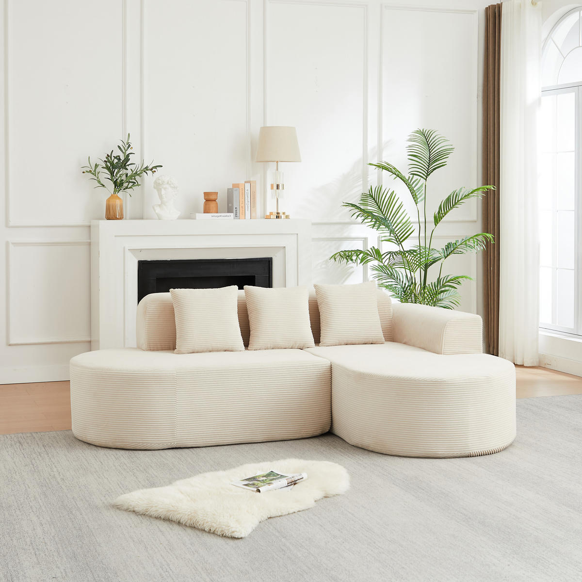 ECKSOFA 220 cm L-Form Cord mit 3 Kissen, linke Chaiselongue, DE-42742, Beige - Beige, Textil (220/155cm) - ComfortXL