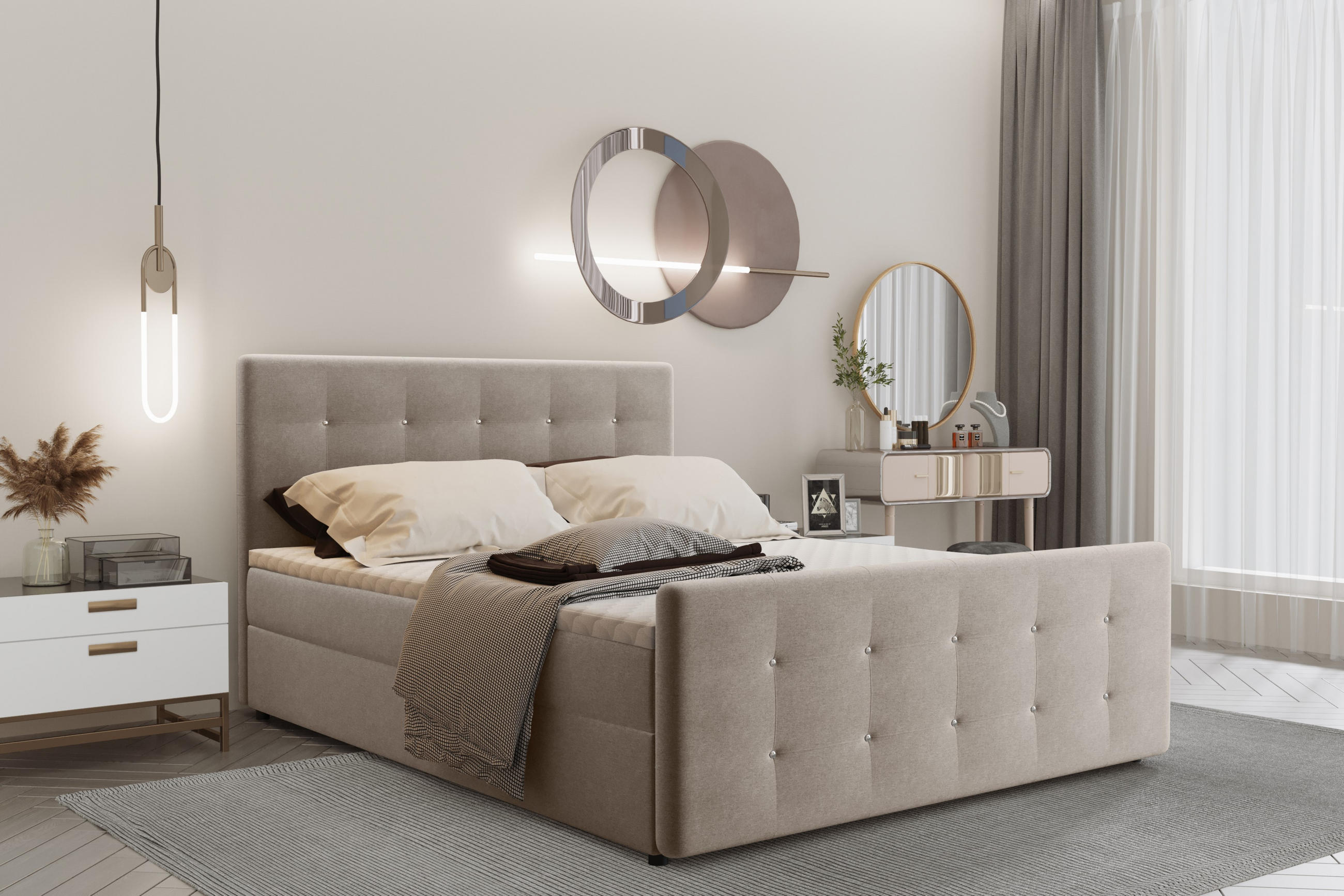 BOXBETT Mit Bettkasten Matratze Topper AMOR Hellbeige 160x200 cm H3-Bonell - Creme, Holz/Textil (160/200cm) - Kaiser Möbel