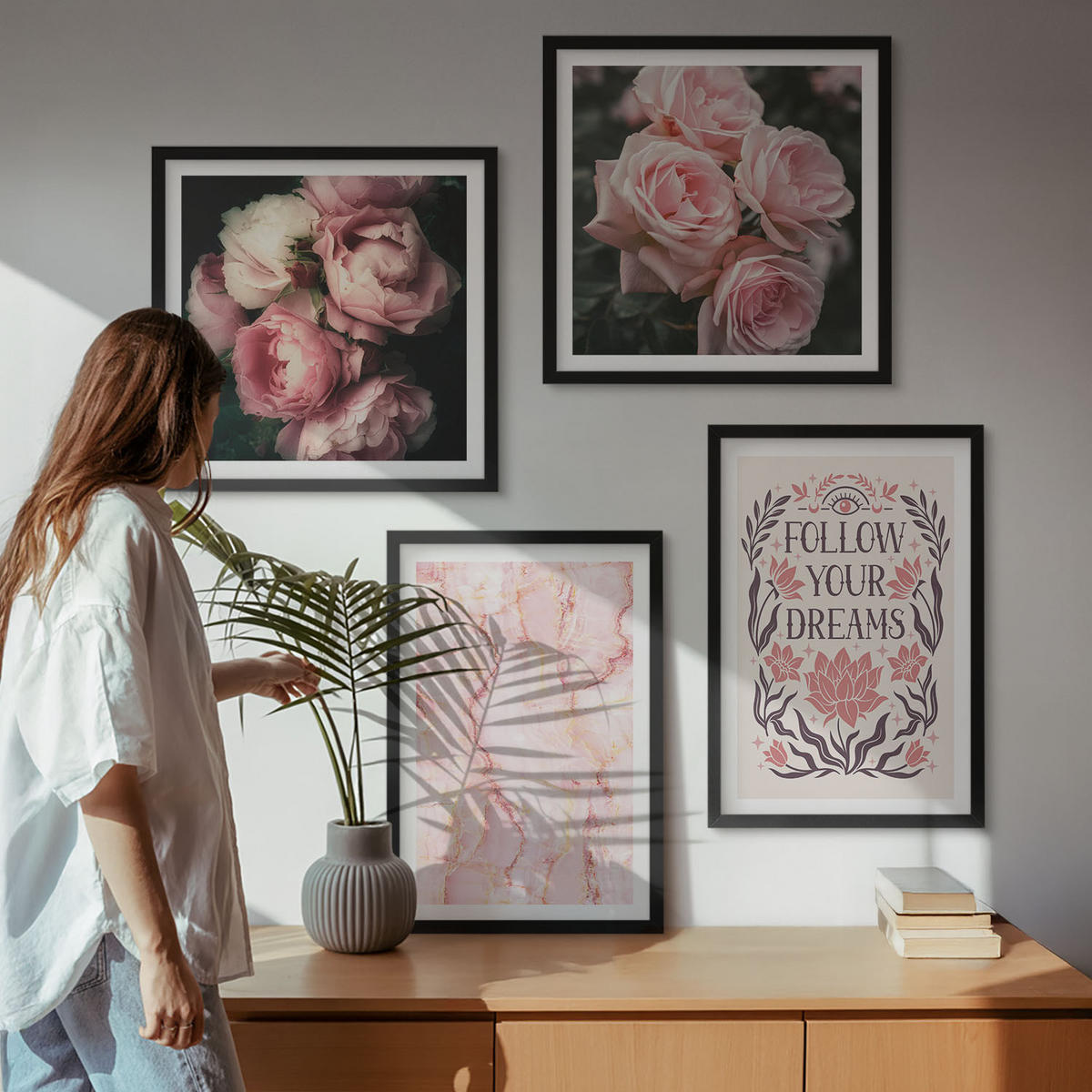 WANDBILDER 4er-Set - 50x50 cm & 40x60 cm Schwarzer Rahmen - Vintage-Rosen-Marmorträume - Schwarz, Kunststoff (50/50cm) - ArtPrintCave