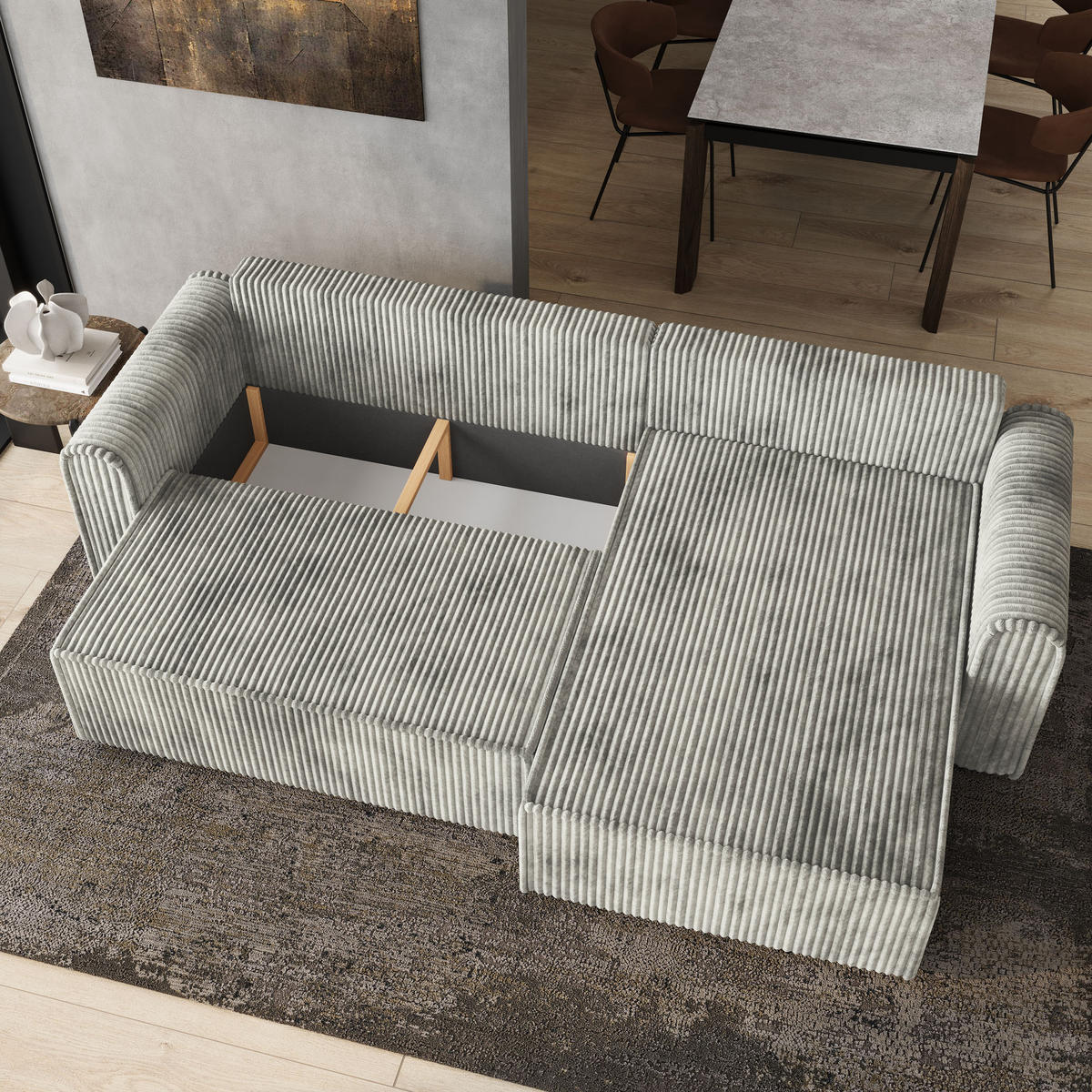 ECKSOFA VALTINO Hellgrau Kordstoff mit Schlaffunktion - Hellgrau, Holz (275/148cm) - MASSENO