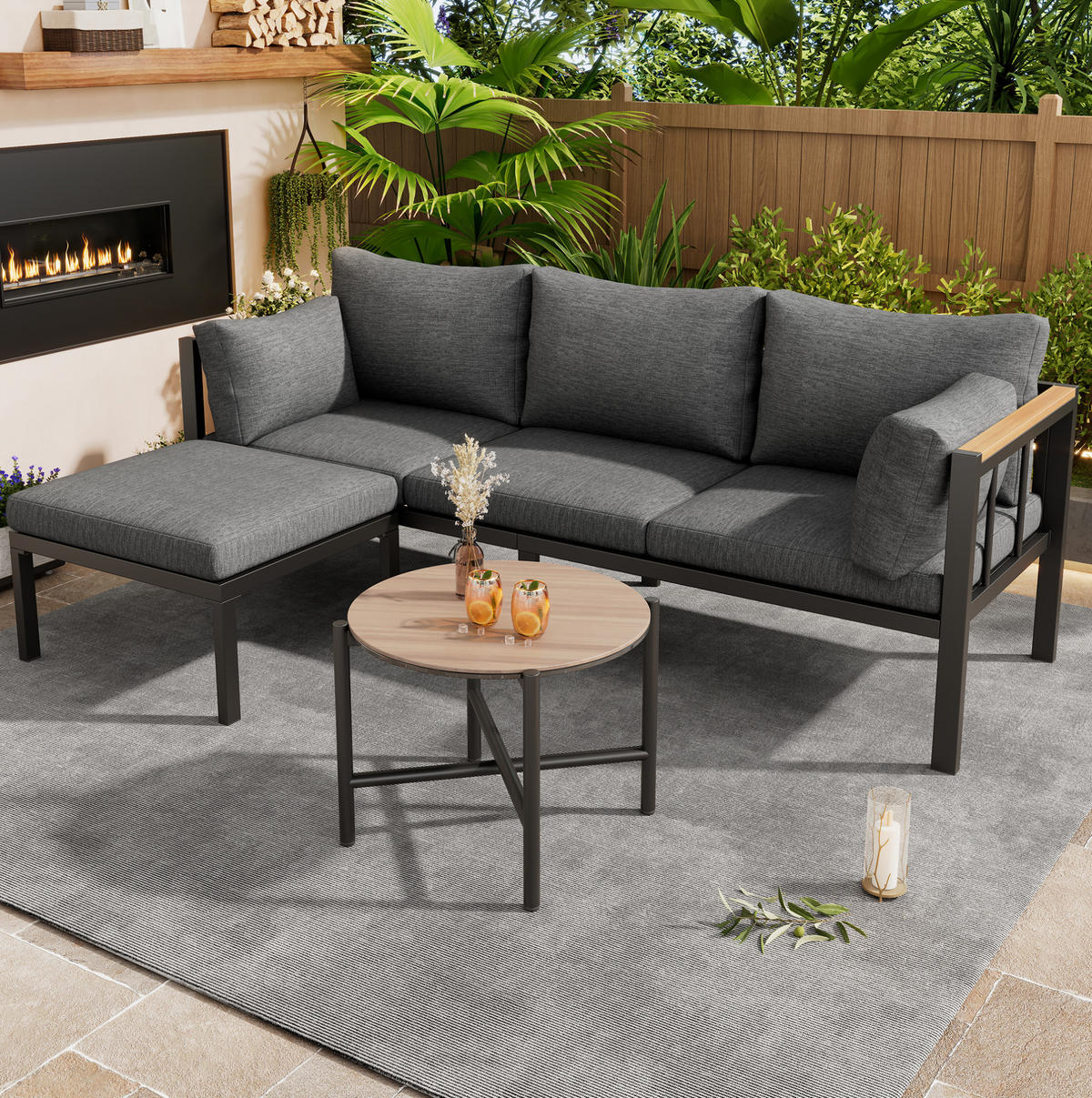 GARTENMÖBEL-SET mit Couchtisch und Hocker, verzinkter Stahlrahmen und Glastischplatte, Grau - Grau, Textil - Redom