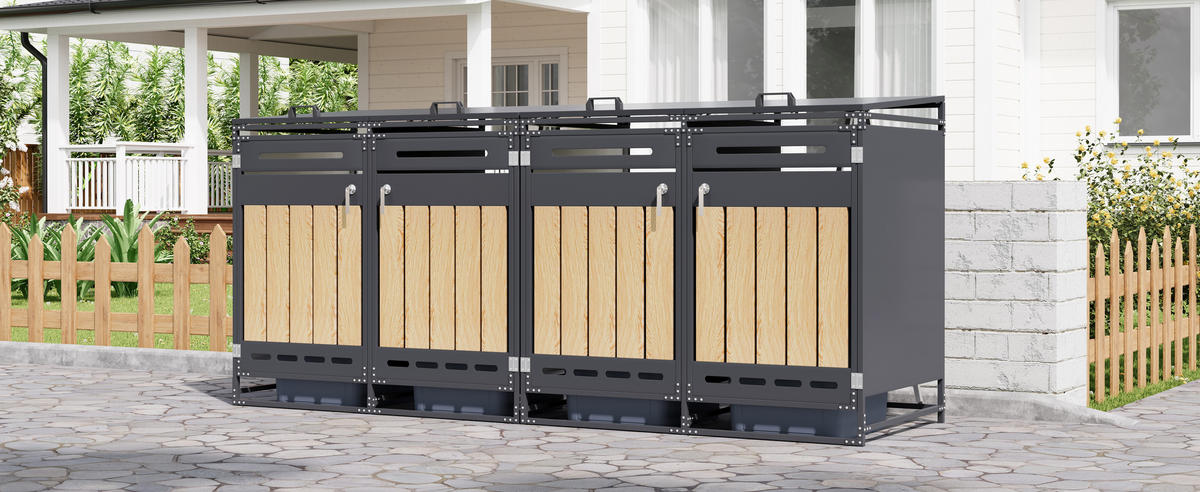 MÜLLTONNENBOX 4er Set Hydraulik Deckel Holzoptik Schloss - Schwarz, Metall (262/116/79cm) - LEBENLANG