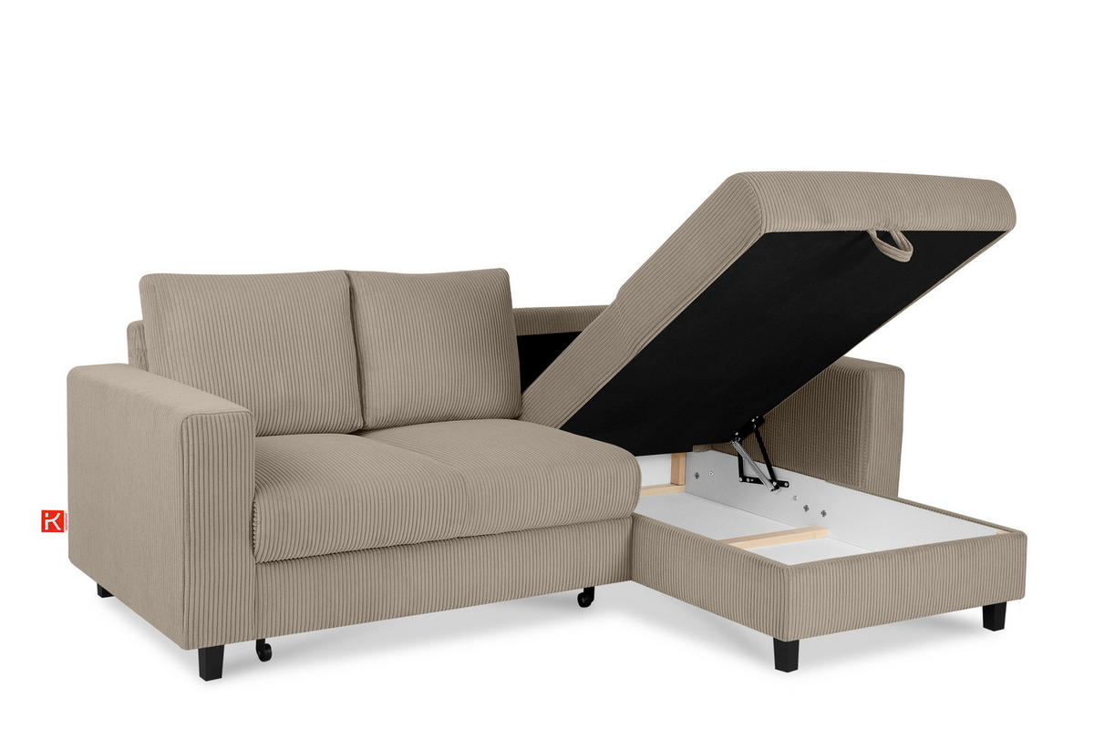 ECKSCHLAFSOFA EGRET Rechts mit Bettkasten, Cord-Stoff, beige - Beige, Textil (234/90cm) - KONSIMO®