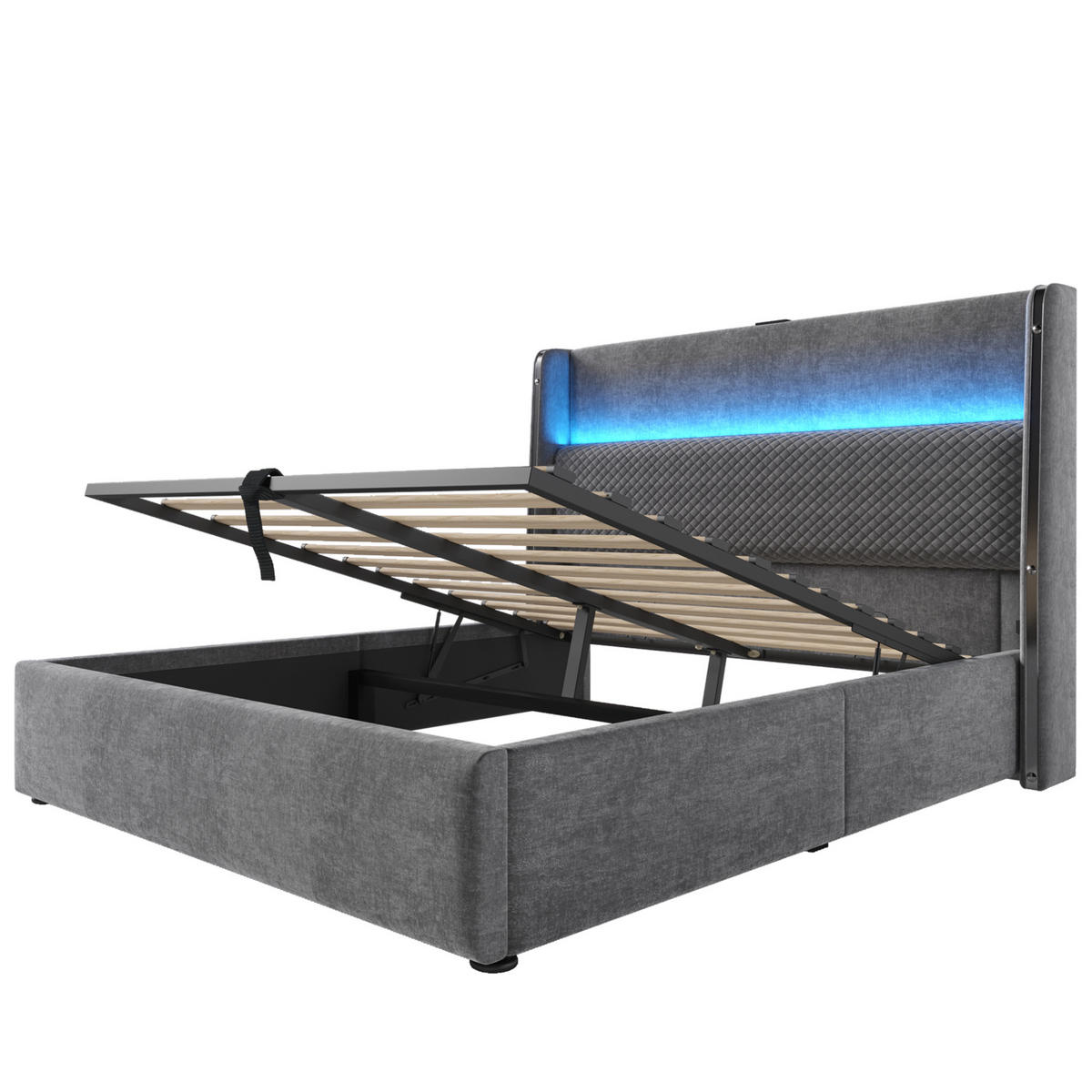 BETT mit Stauraum 160x200 cm Leinen Grau inkl. Matratze - Grau, Metall (160/200cm) - Meubliv