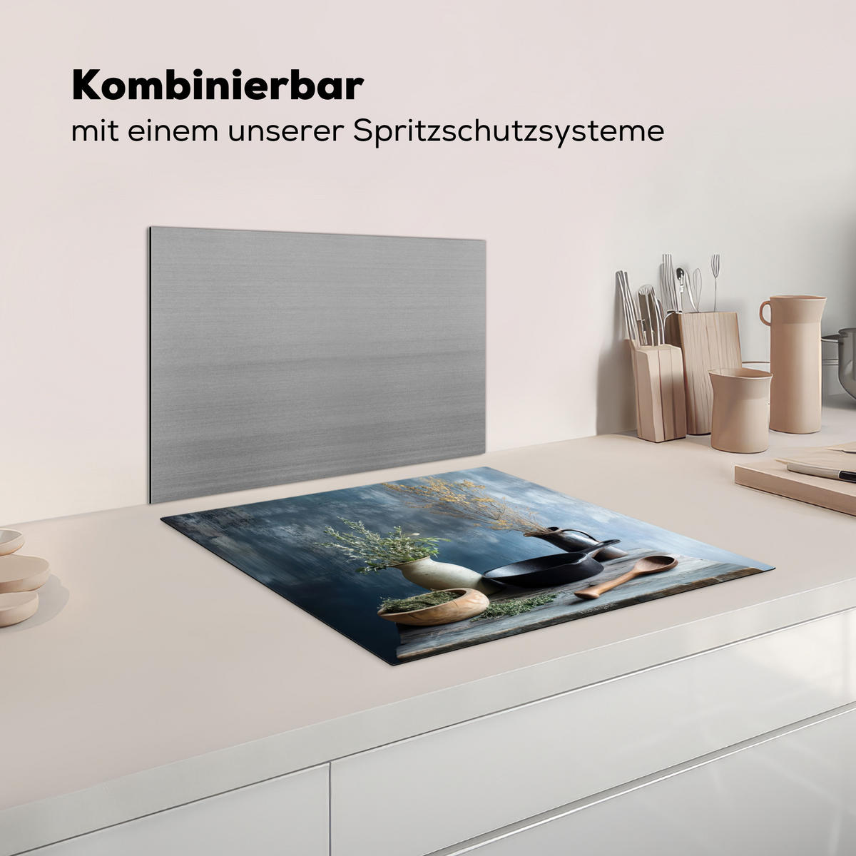 HERDABDECKPLATTE Stilleben - Kräuter - Rustikal Herdabdeckung Induktionsfeld 60x52 cm - Blaugrau, Kunststoff (60/52/0.2cm) - MuchoWow