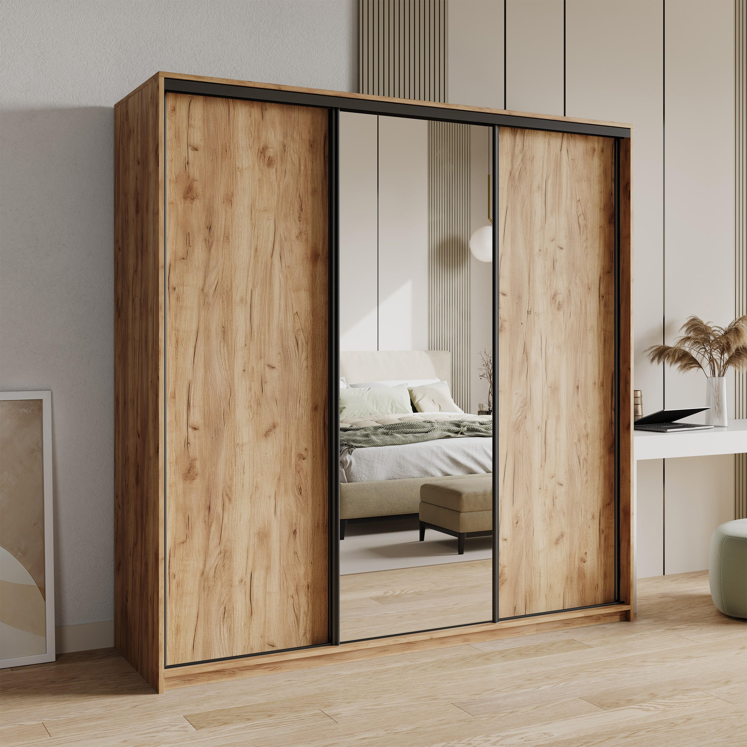 SCHWEBETÜRENSCHRANK TAVI 200/205/60 cm 3-türig mit Spiegel Orange - Orange, Holzwerkstoff (200/205/60cm) - MASSENO