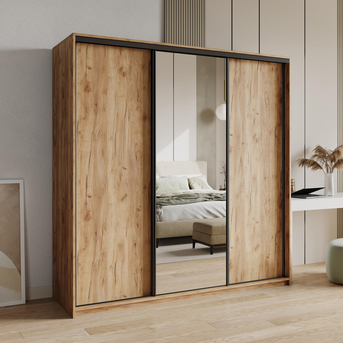 SCHWEBETÜRENSCHRANK TAVI 180/205/60 cm 3-türig mit Spiegel und Schubladen Craft Eiche Gold - Schwarz/Orange, Holzwerkstoff (180/205/60cm) - MASSENO