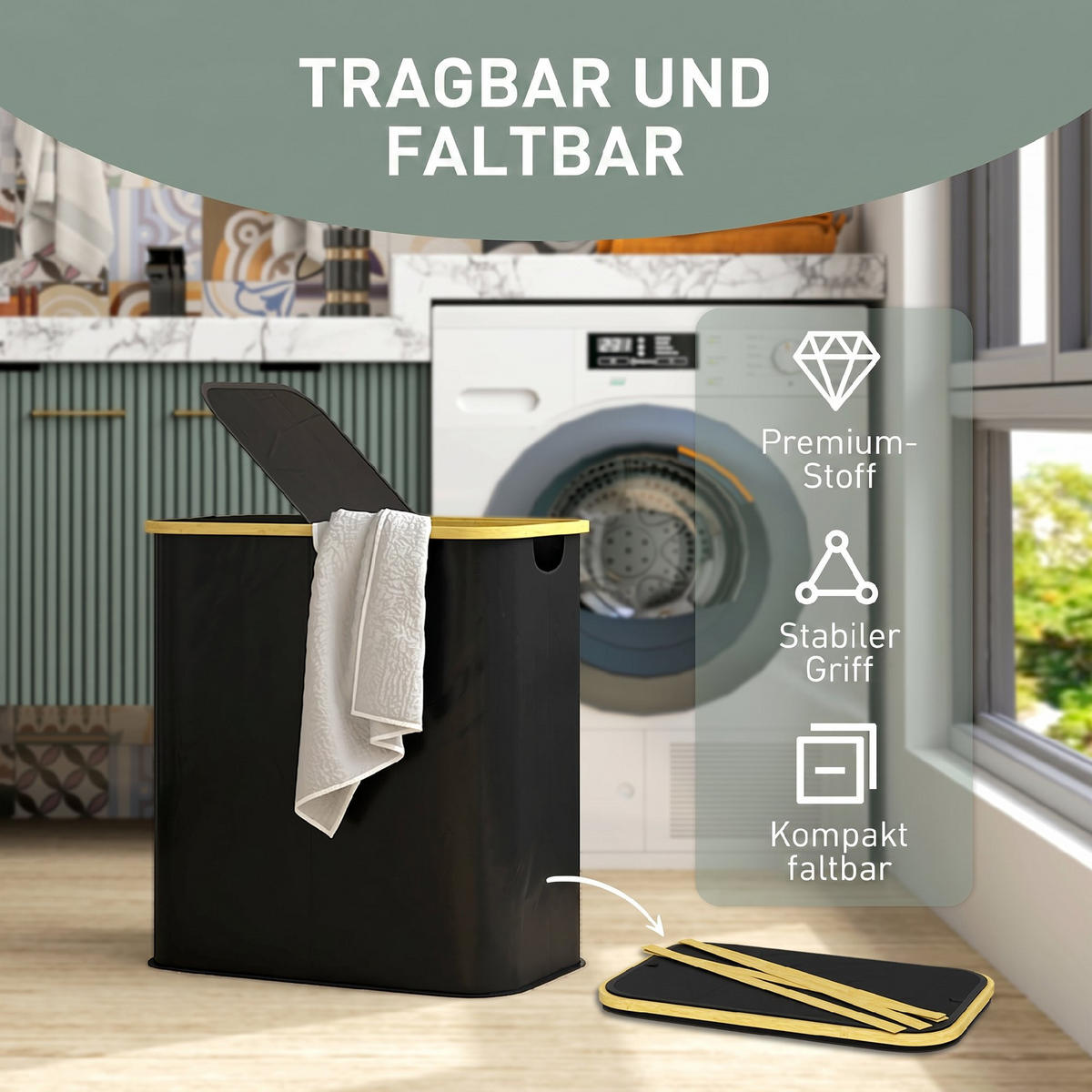 WÄSCHESORTIERER Bambus Vliesstoff Schwarz - Schwarz, Textil (34/58.5/54cm) - HOMCOM