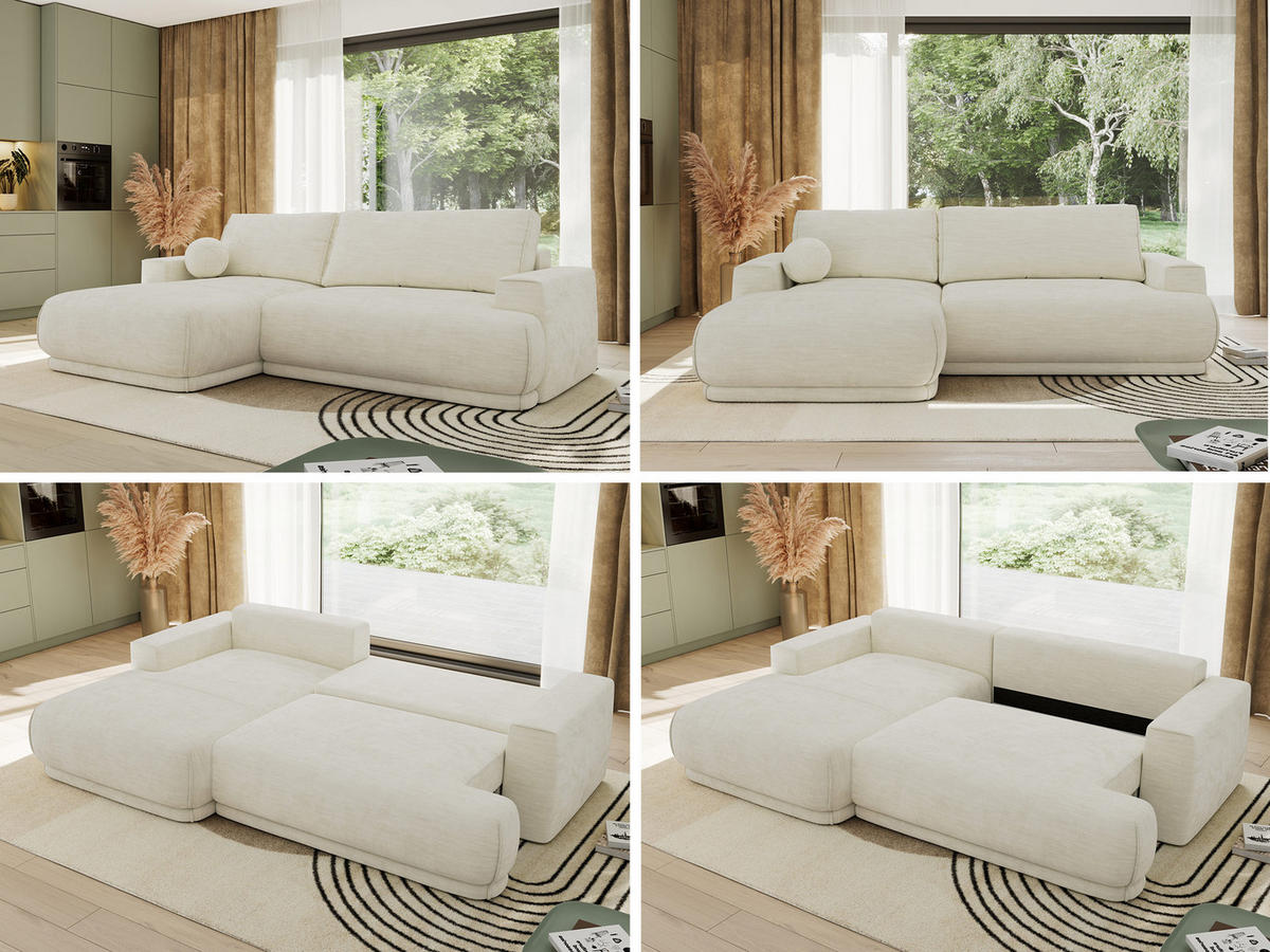 ECKSCHLAFSOFA RINA L Creme Schenille glatt - links - Creme/Schwarz, Kunststoff/Textil (267/170cm) - MKS