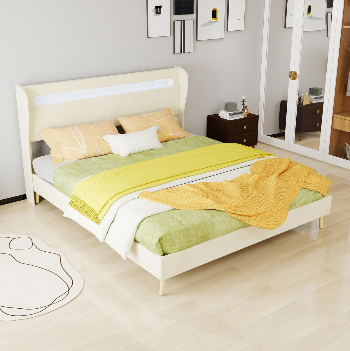 POLSTERBETT aus Stoff und Metall 160x200 cm Beige mit farbwechselnder LED-Beleuchtung - Beige, Textil (160/200cm) - IVMEU