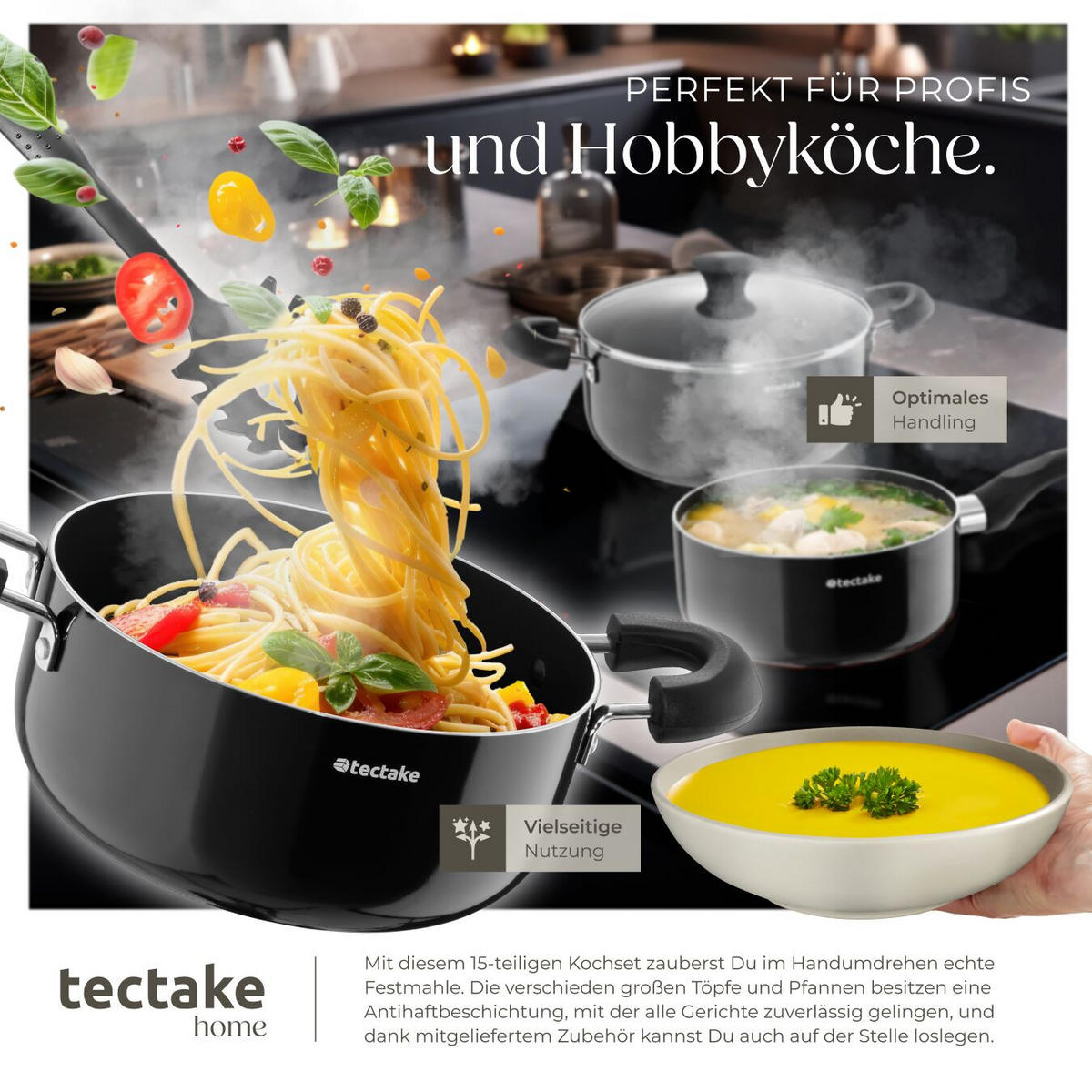 KÜCHENSTARTERSET Una/Varese, inklusive 5 Küchenwerkzeugen, schwarz/taupe - Taupe/Schwarz, Keramik (26/4.8/45.5cm) - tectake