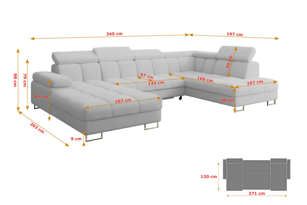 WOHNLANDSCHAFT mit Schlaffunktion und Bettkasten Ottomane RECHTS COMA U 345x203x79 Hellgrau Bouclé - Edelstahlfarben, Holzwerkstoff/Textil (203/79/345cm) - ALTDECOR