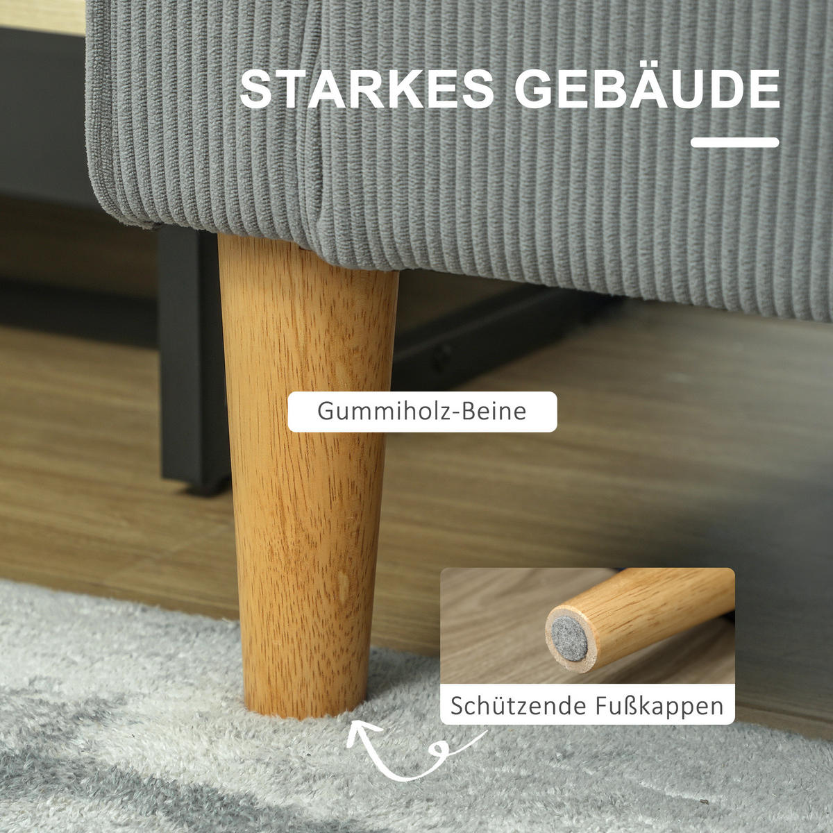 SOFA 2 Sitzer klein Couch mit Armlehne, Stauraum für Wohnzimmer, Hellgrau - Hellgrau/Naturfarben, Holz/Textil (63/79/117cm) - HOMCOM