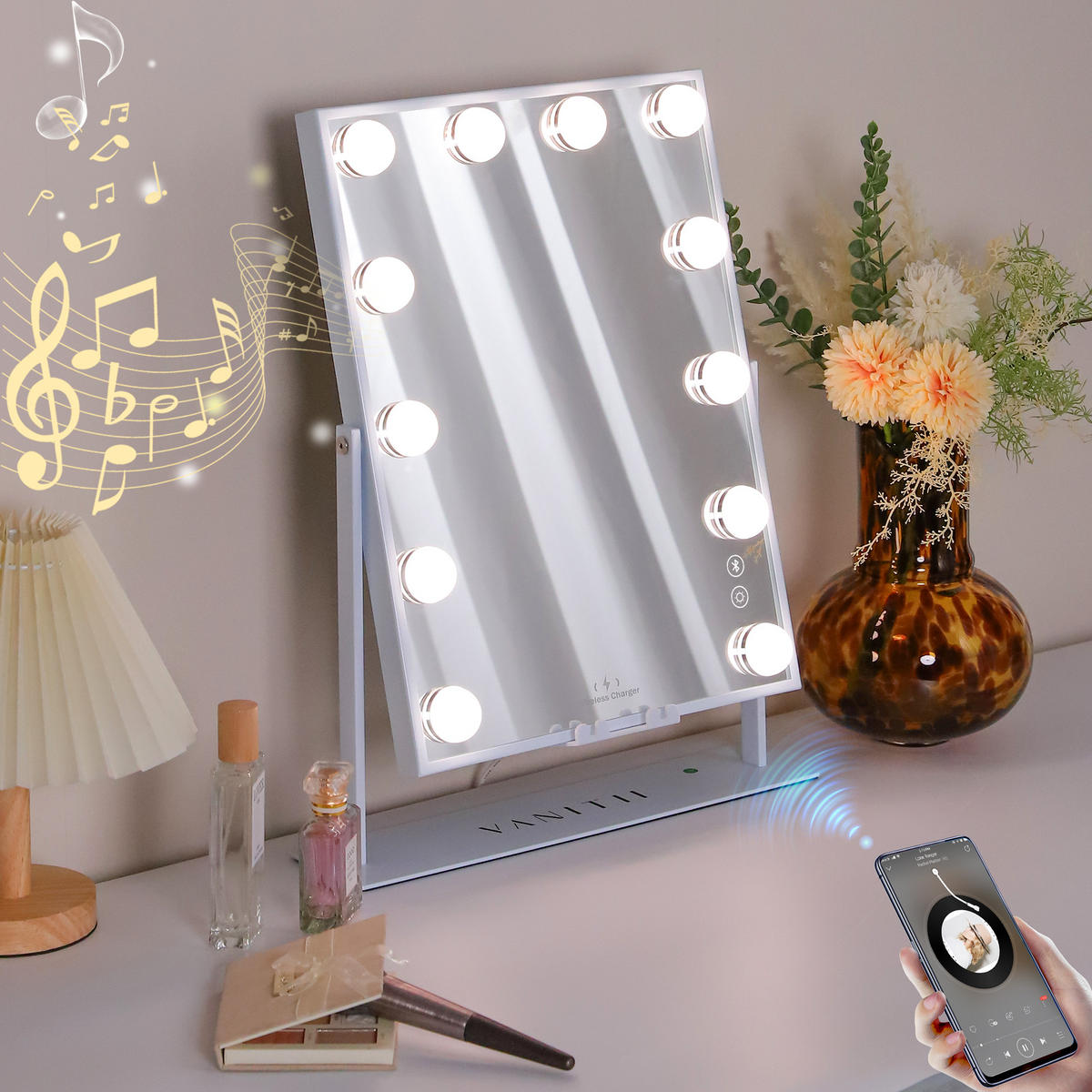 SCHMINKSPIEGEL mit LED-Beleuchtung und Bluetooth weiß 30/41 cm - Weiß, Metall (30/41/3cm) - VANITII