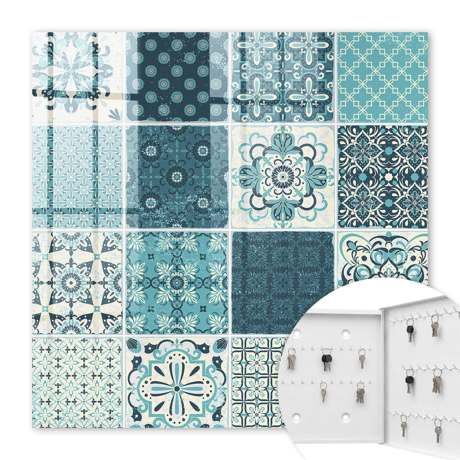SCHLÜSSELBOX Weiß 30x30 cm – Türöffnung nach rechts - Retro-Mosaik - Türkis, Metall (30/30/5cm) - TULUP