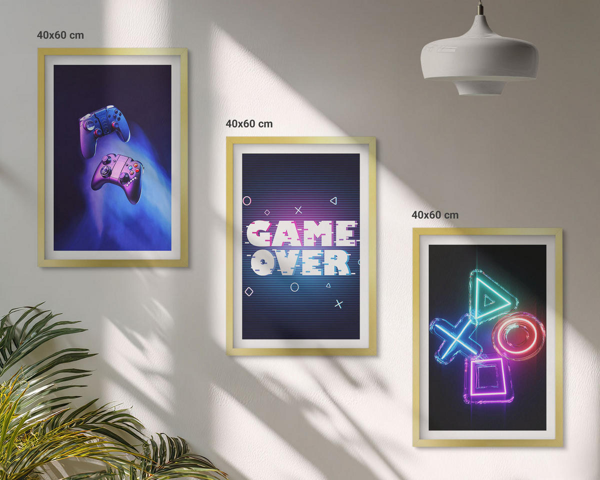 BILDER SET 3er Set - 40x60 cm Goldrahmen - Game Over Gamepads - Goldfarben, Kunststoff (40/60cm) - TULUP