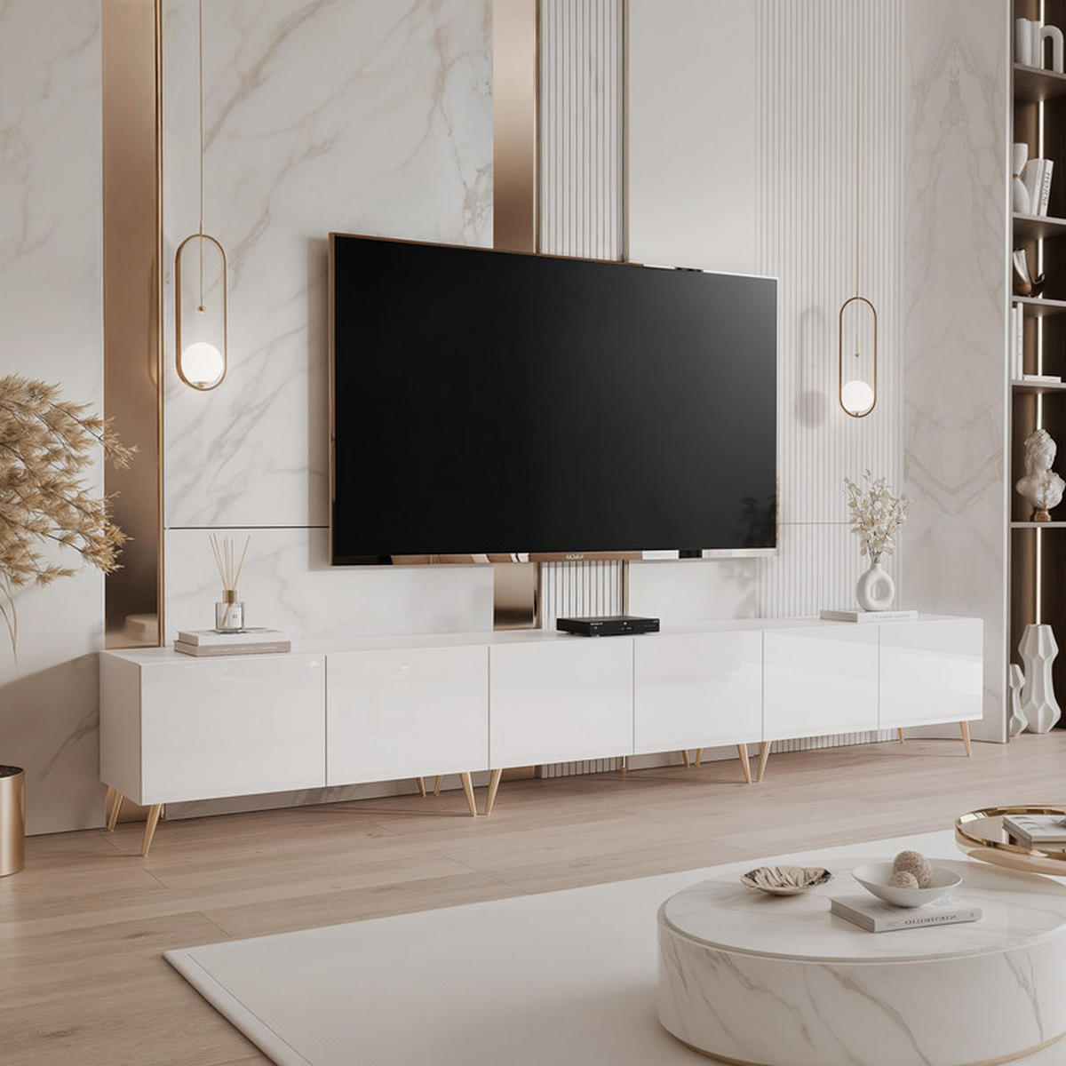 TV skrinka ANGEL biela lesklá stojaca s LED osvetlením 300 cm - biela, kompozitné drevo (300/49/40cm) - Idohome