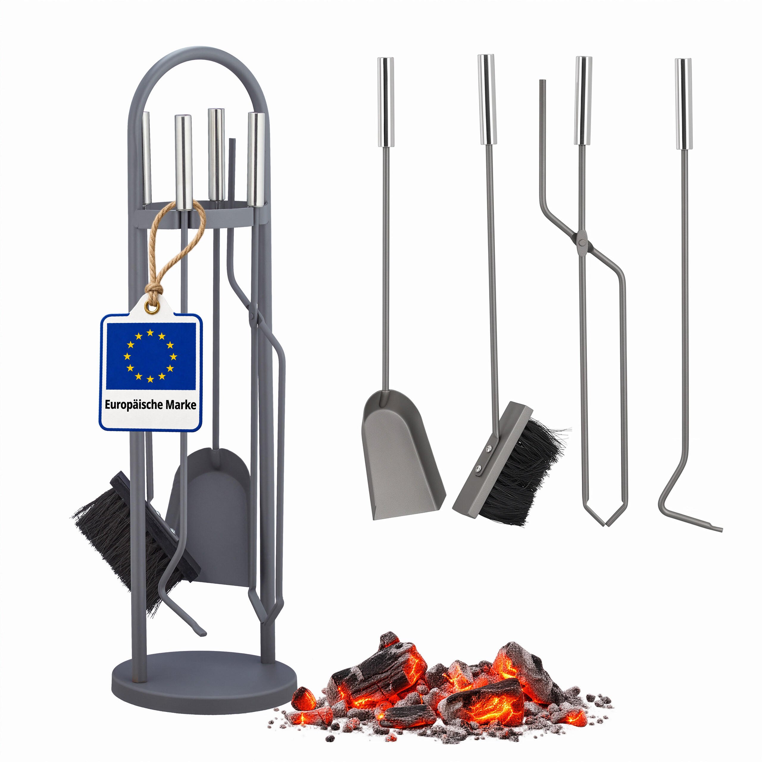 KAMINREDSKAP grå silver 5-delar rostfritt stål med ställ - Grå, Metall (20/68.5/20cm) - Relaxdays