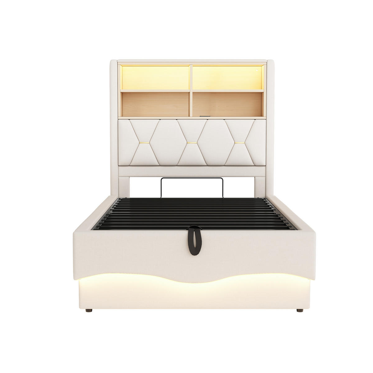 KINDERBETT 90/200 cm in Beige mit Bettkasten, LED und USB - Beige, Holzwerkstoff/Textil (90/200cm) - WISHDOR
